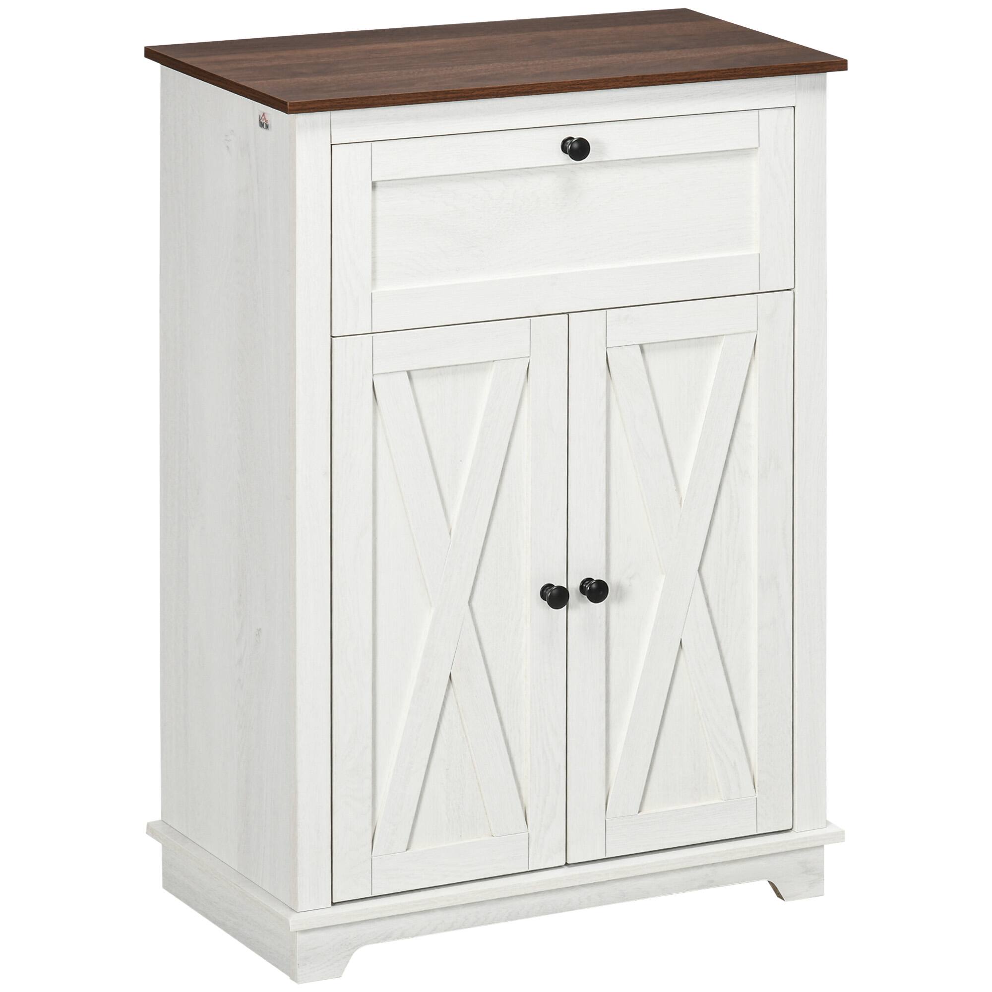 Front. Homcom - Farmhouse Barn Door Accent Cabinet, Kitchen Sideboard Storage Cabinet with Double Doors, Drawer, Adjustable Shelf - White.