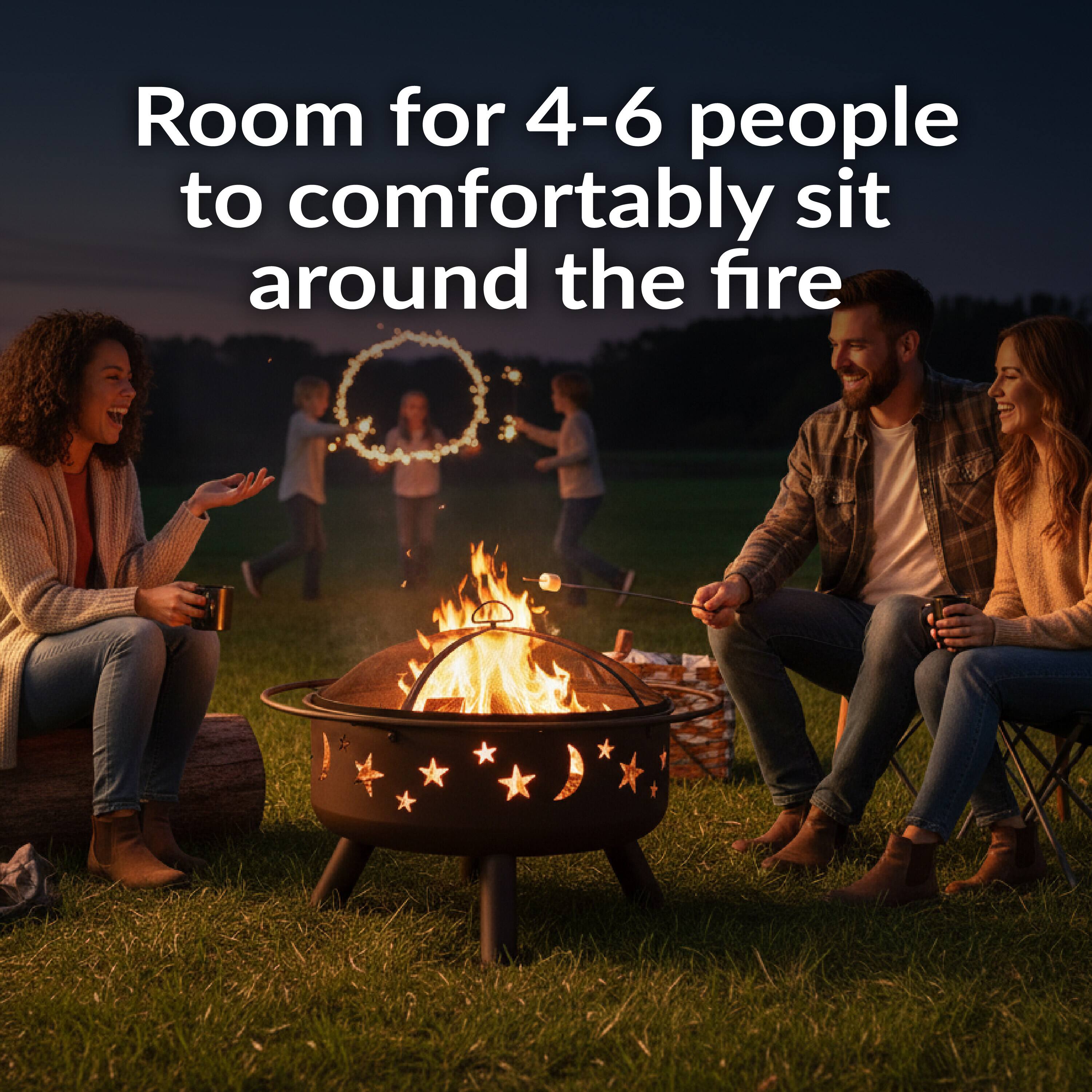 Room for 4-6 people to comfortably sit around the fire