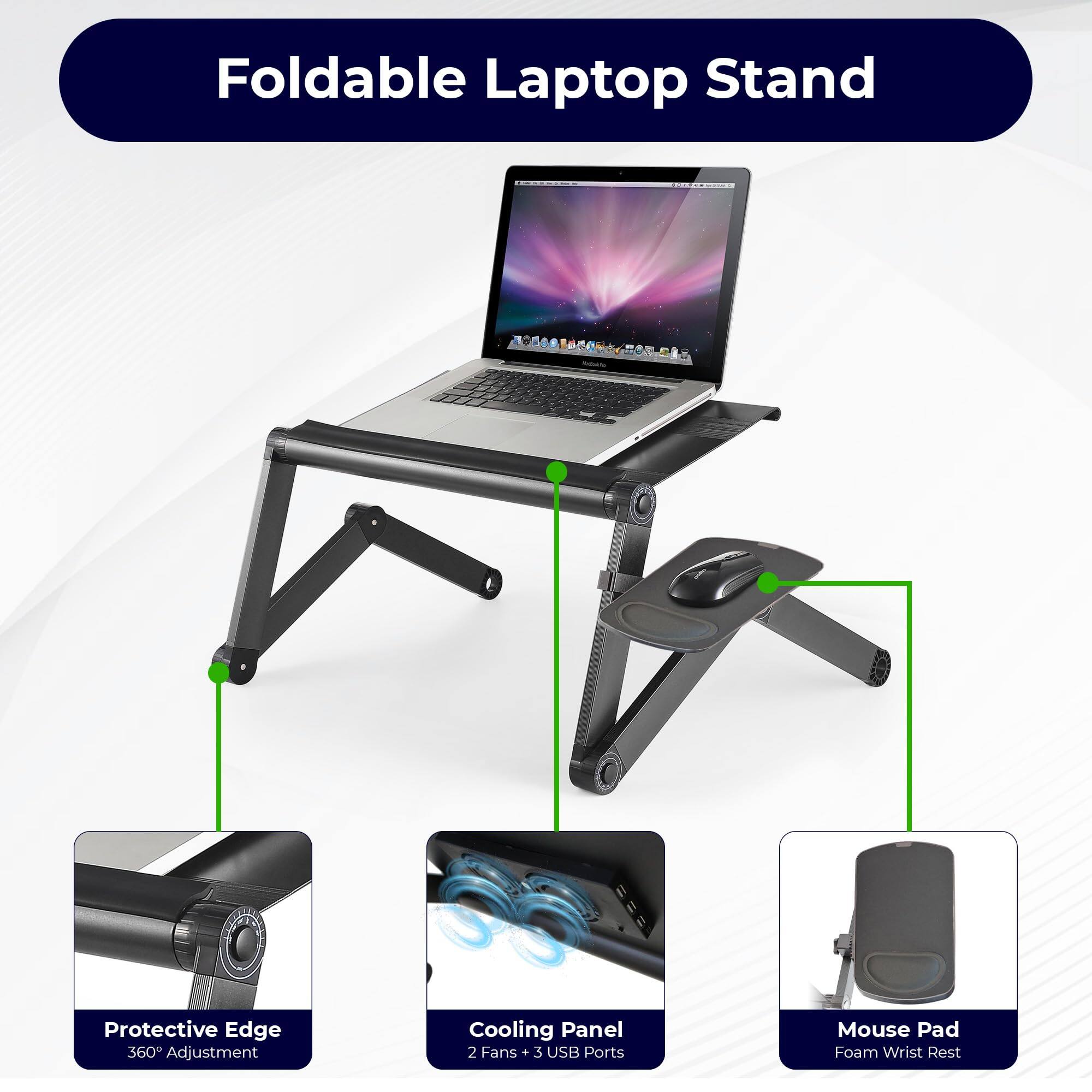 Foldable Laptop Stand Protective Edge 360° Adjustment Cooling Panel 2 Fans + 3 USB Ports Mouse Pad Foam Wrist Rest