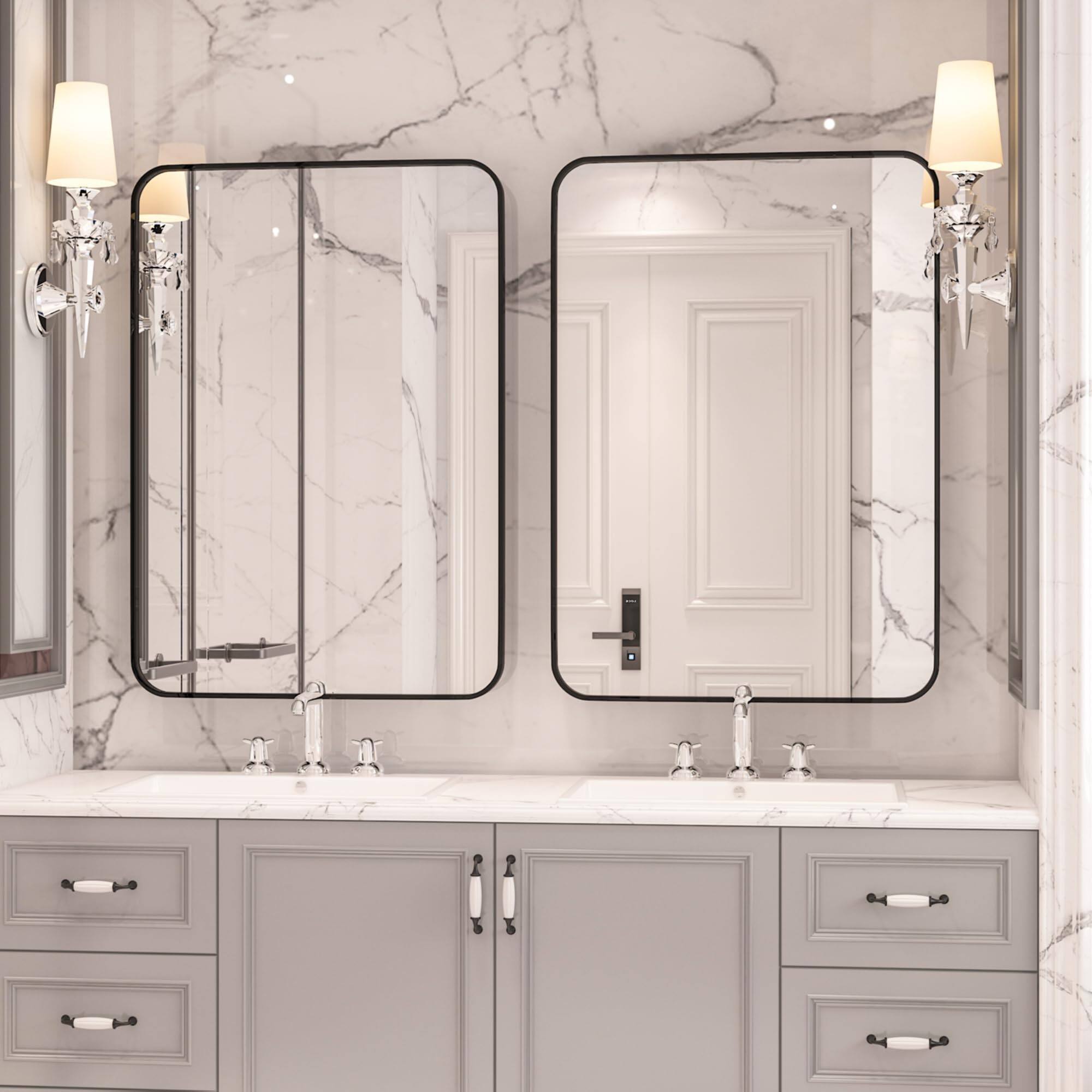 Left. METALTON - pack Wall Mirror Bathroom Rectangular With Aluminum Alloy Frame Rounded Corner Hanging Decor For Entryway B - Black 29"L x 40"W.