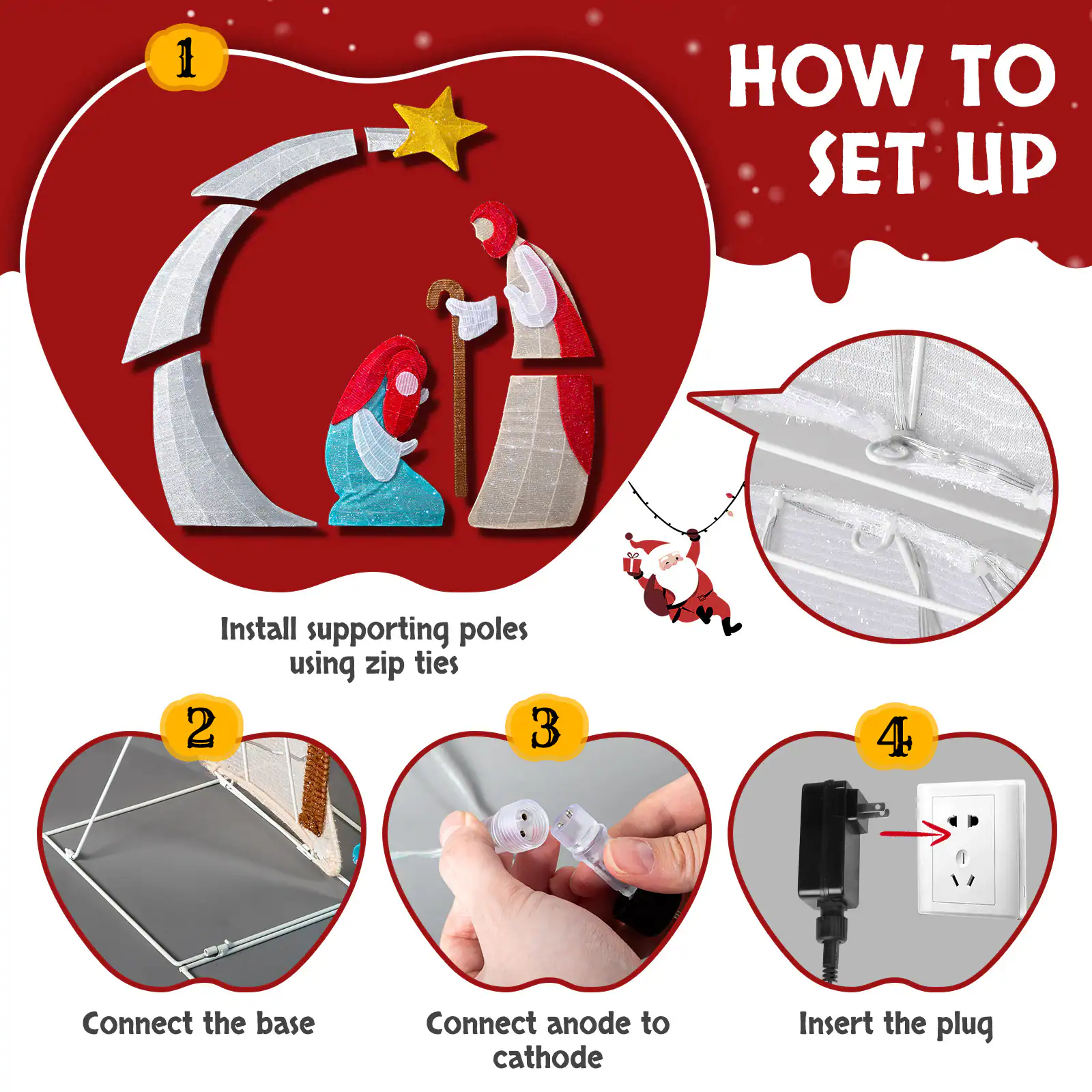 1. Install supporting poles using zip ties  
2. Connect the base  
3. Connect anode to cathode  
4. Insert the plug