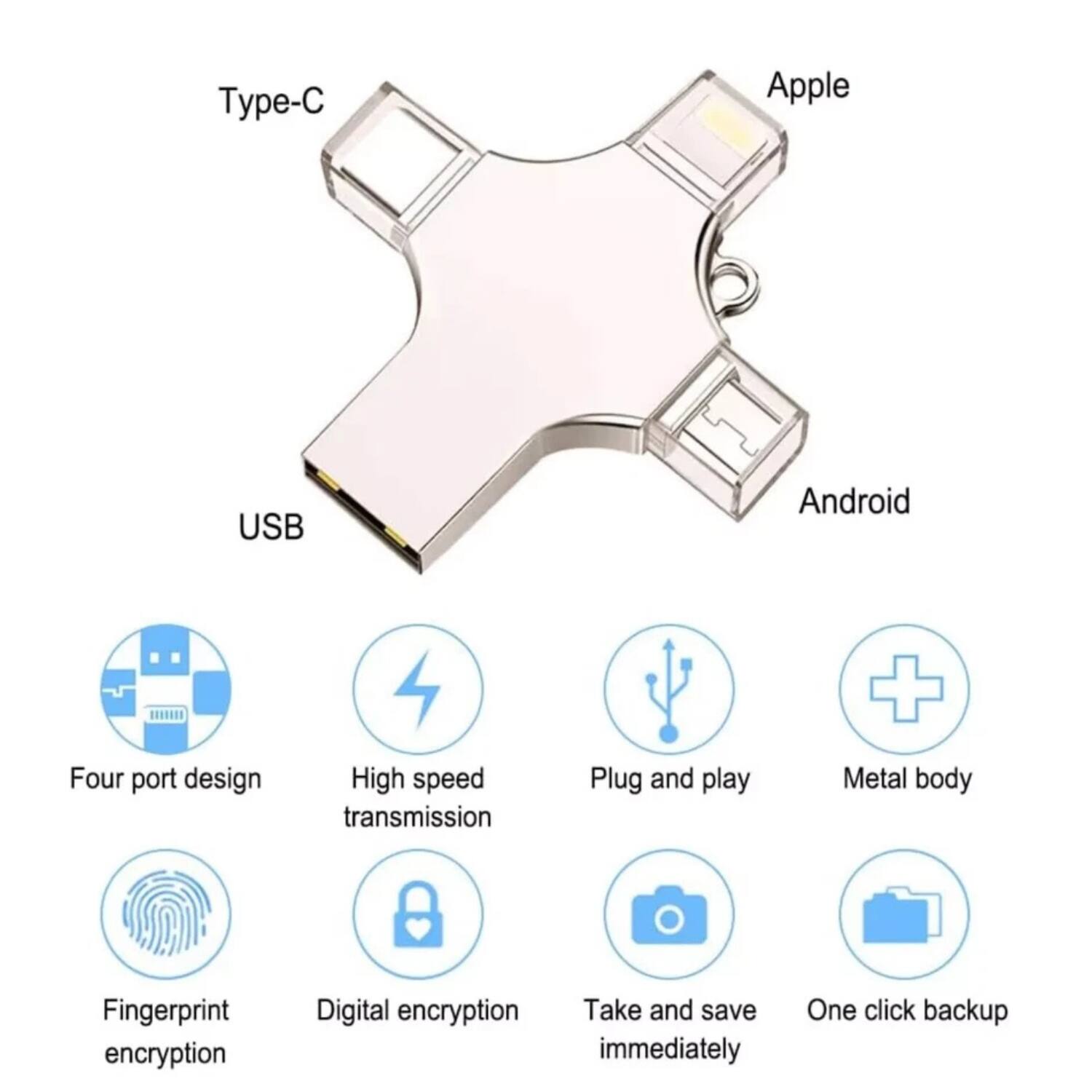 - Type-C
- USB
- Apple
- Android

Features:
- Four port design
- High speed transmission
- Plug and play
- Metal body
- Fingerprint encryption
- Digital encryption
- Take and save immediately
- One click backup