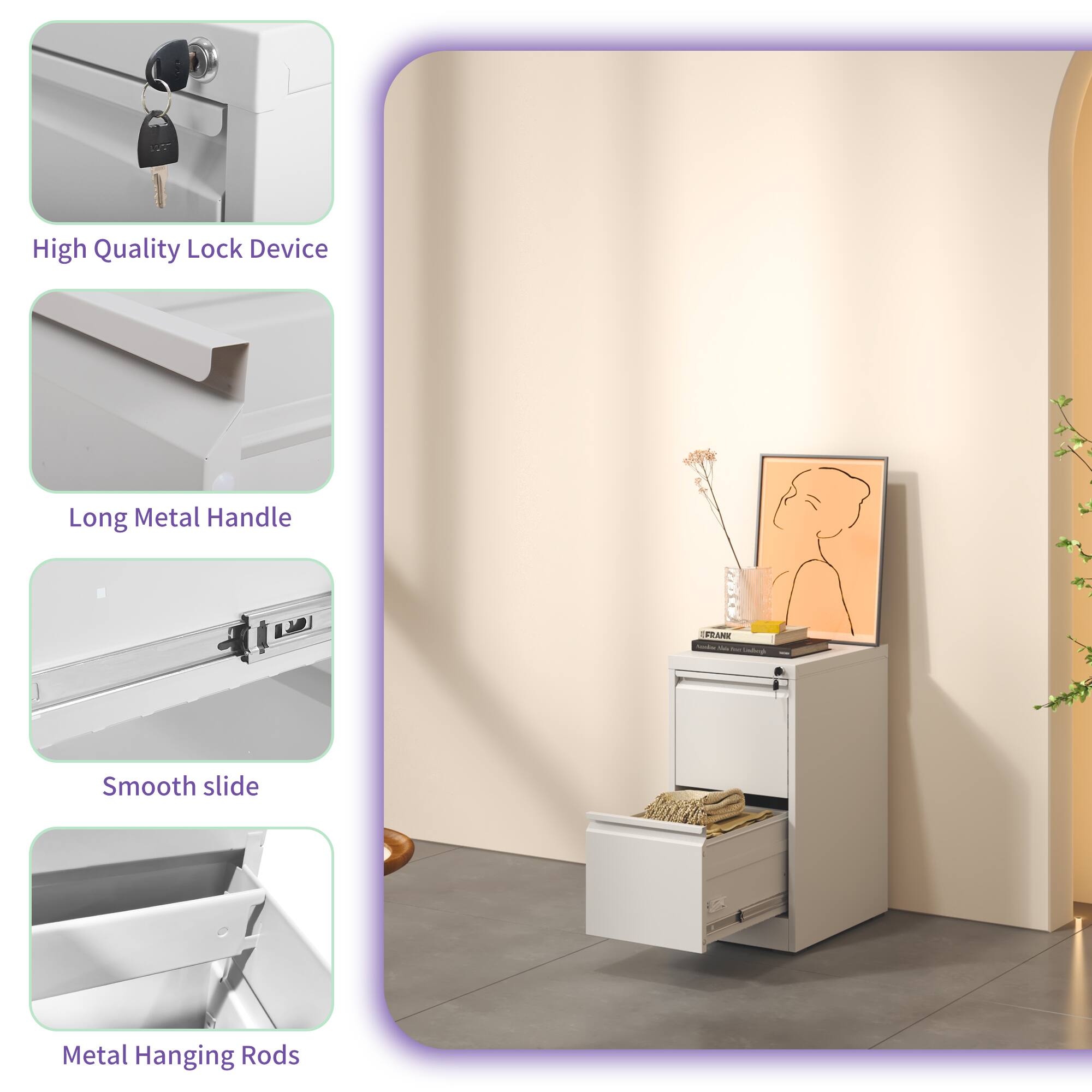 High Quality Lock Device  
Long Metal Handle  
Smooth slide  
Metal Hanging Rods