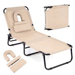 Costway - Folding Beach Sun Lounger with Face Hole & Removable Pillows, 4-Position Backrest - Sand