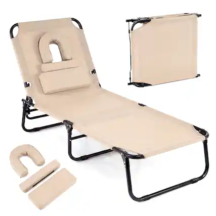 Front. Costway - Costway Folding Beach Sun Lounger with Face Hole & Removable Pillows, 4-Position Backrest - Sand.