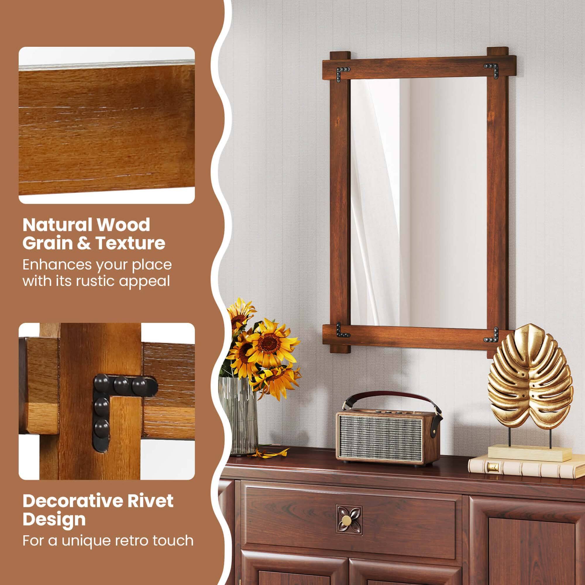 The image features a wooden dresser with a mirror on top of it. The dresser has a decorative rivet design, which adds a unique retro touch to the space. The mirror is placed above the dresser, and the dresser is made of natural wood, which enhances the room with its rustic appeal.