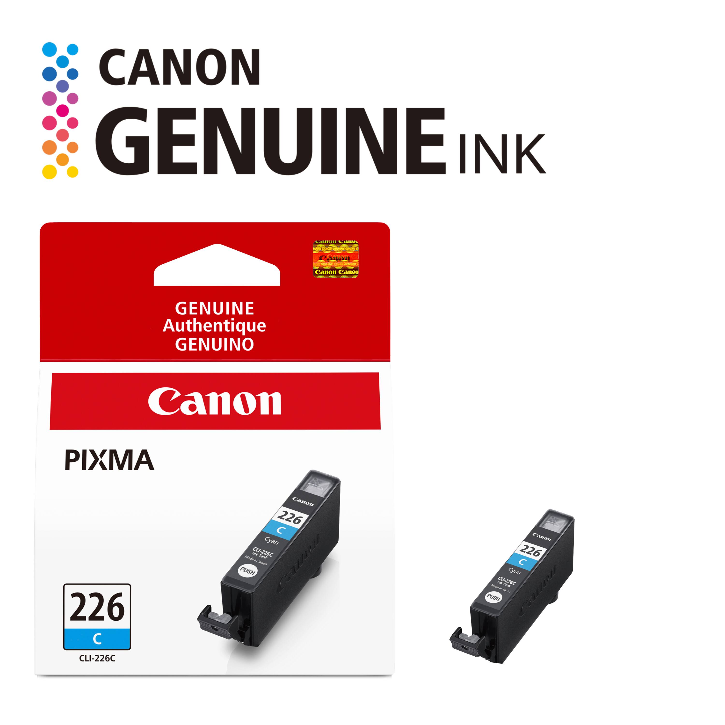 CANON GENUINE INK

Caliva Com

Campa, Canon Canon

GENUINE Authentique GENUINO

Canon

PIXMA 226 CLI-226C

Canon 226 Cyan Malk - CLI-226C tork Mixpan PUSH Caurn

CASADO 226 Cyan: us CLI-226C Carb PUSH