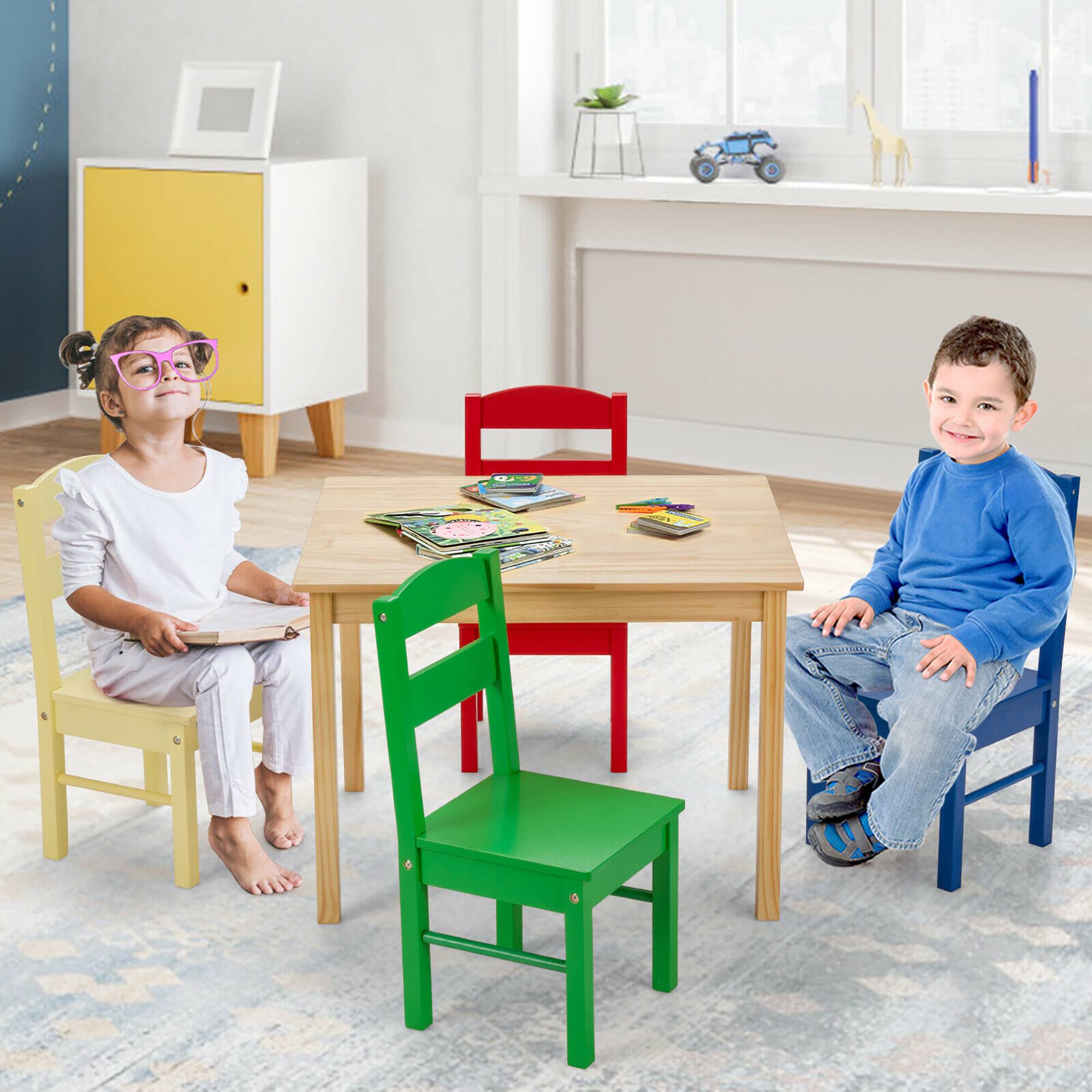 Alt View 4. Costway - Costway Kids 5 Piece Table Chair Set Pine Wood Multicolor Children Play Room Furniture - Multicolor.