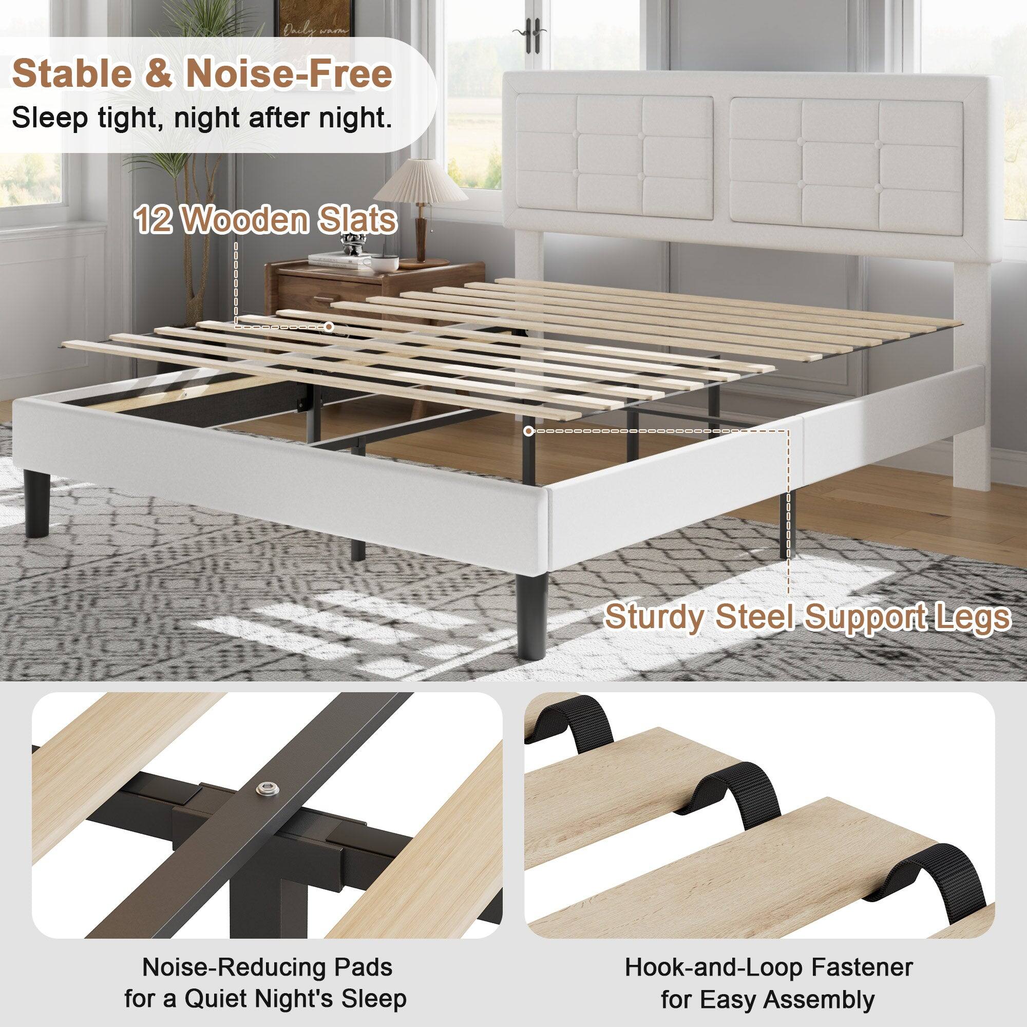 Stable & Noise-Free  
Sleep tight, night after night.

12 Wooden Slats

Sturdy Steel Support Legs

Noise-Reducing Pads for a Quiet Night's Sleep

Hook-and-Loop Fastener for Easy Assembly