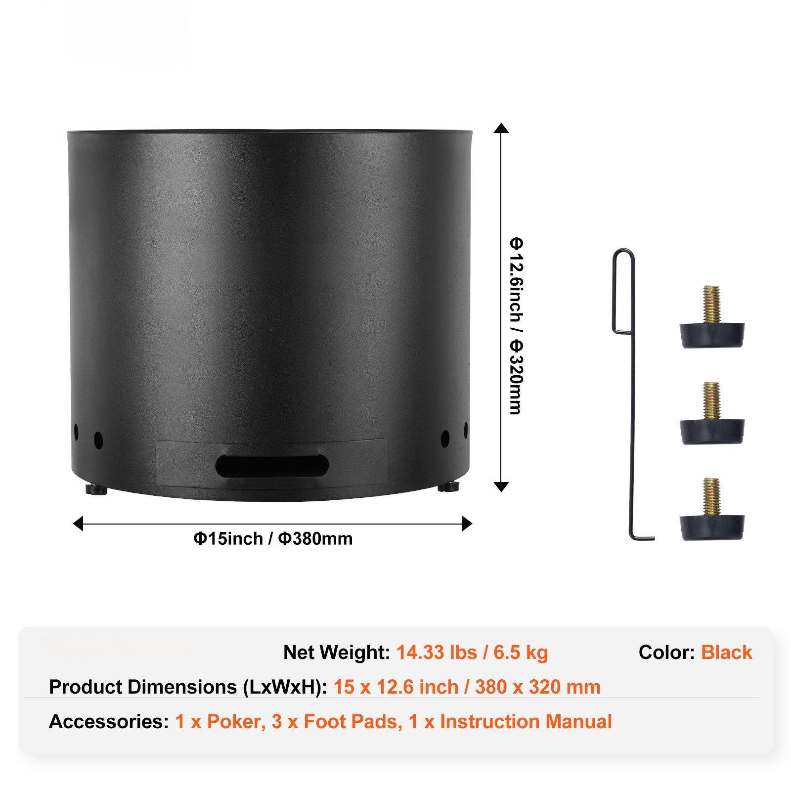 e12.6inch / e320mm  
15inch / 380mm  
Net Weight: 14.33 lbs / 6.5 kg  
Color: Black  
Product Dimensions (LxWxH): 15 x 12.6 inch / 380 x 320 mm  
Accessories: 1 x Poker, 3 x Foot Pads, 1 x Instruction Manual