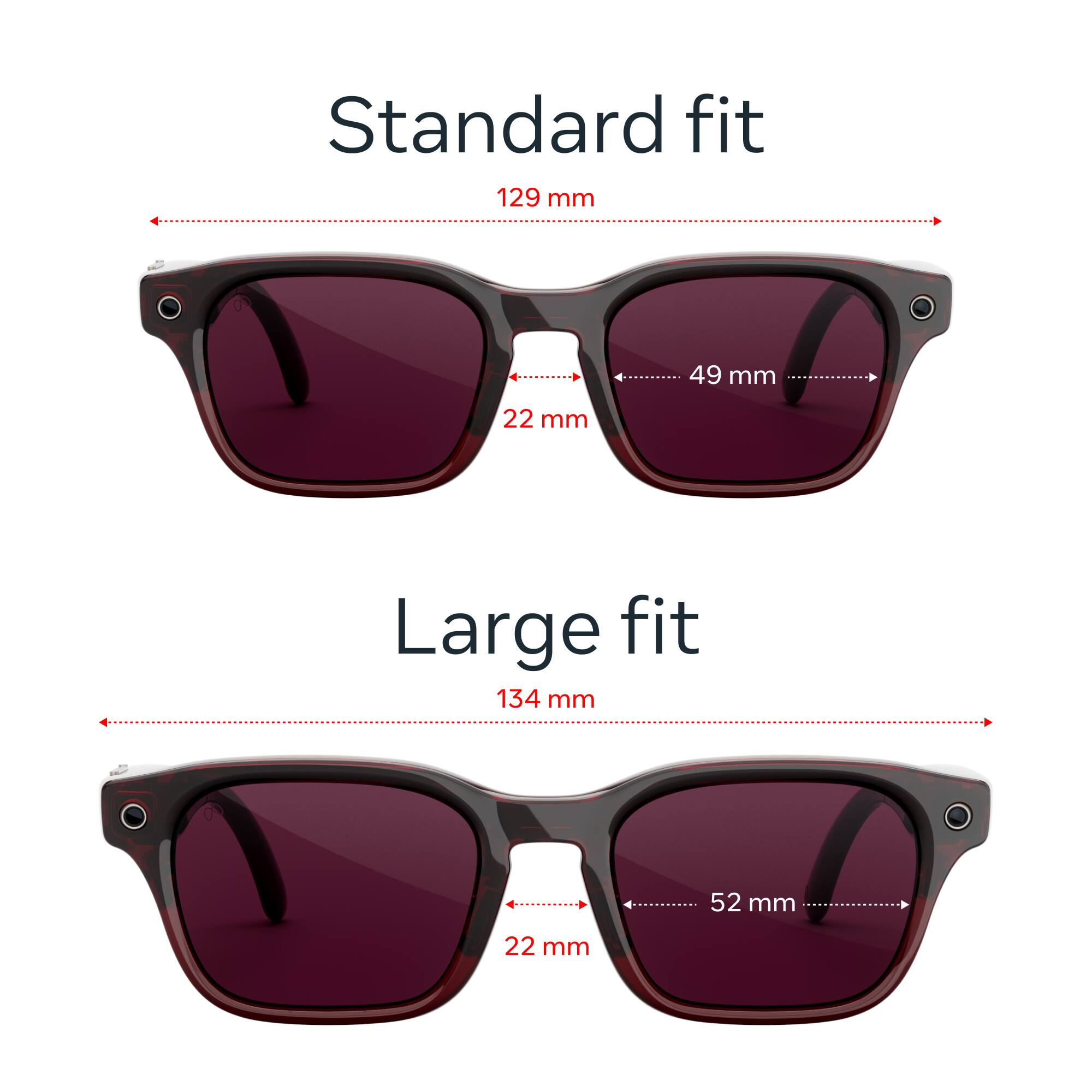 Standard fit: 129 mm, 49 mm, 22 mm  
Large fit: 134 mm, 52 mm, 22 mm