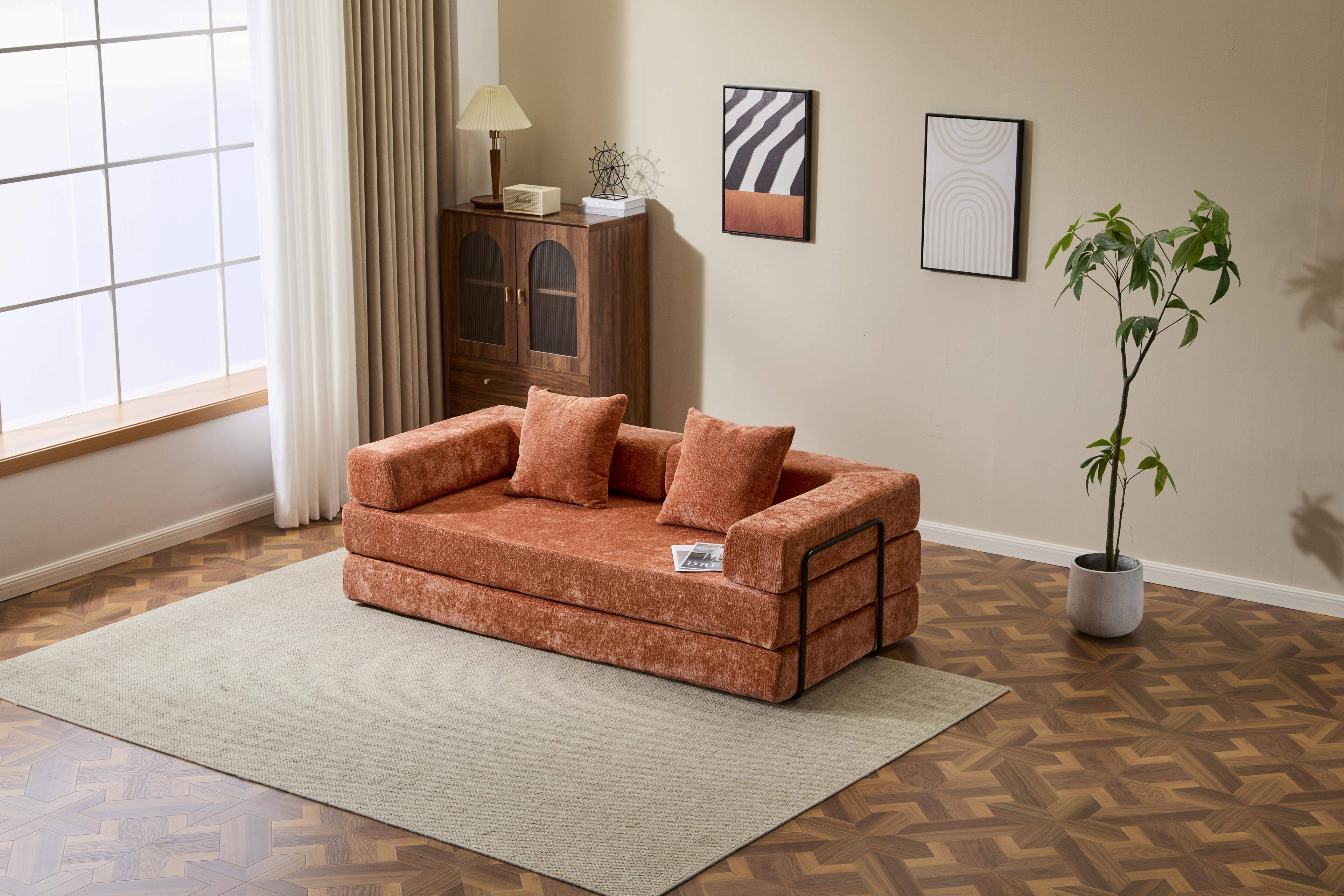Left. Roomtec - Floor CouchCompression SofaConvertible Floor Sofa Bedwith Pillow Back Support ArmrestComfy Futon Couch Lounge Sleeper - orange.