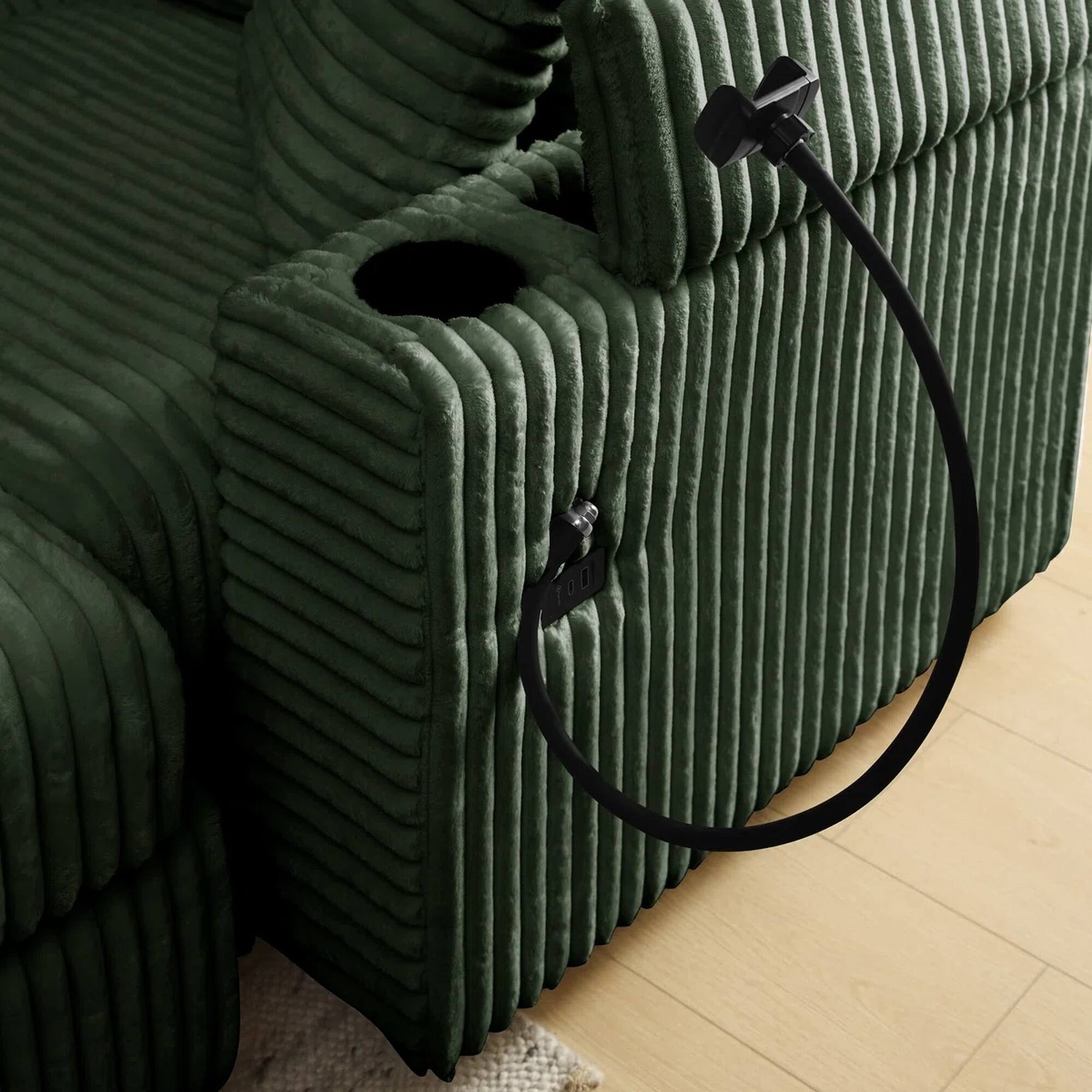Alt View 3. Yardgrace - 6-Seater U-Shaped Corduroy Sofa with USB Charging, Phone Holders & Storage Armrests - Green.