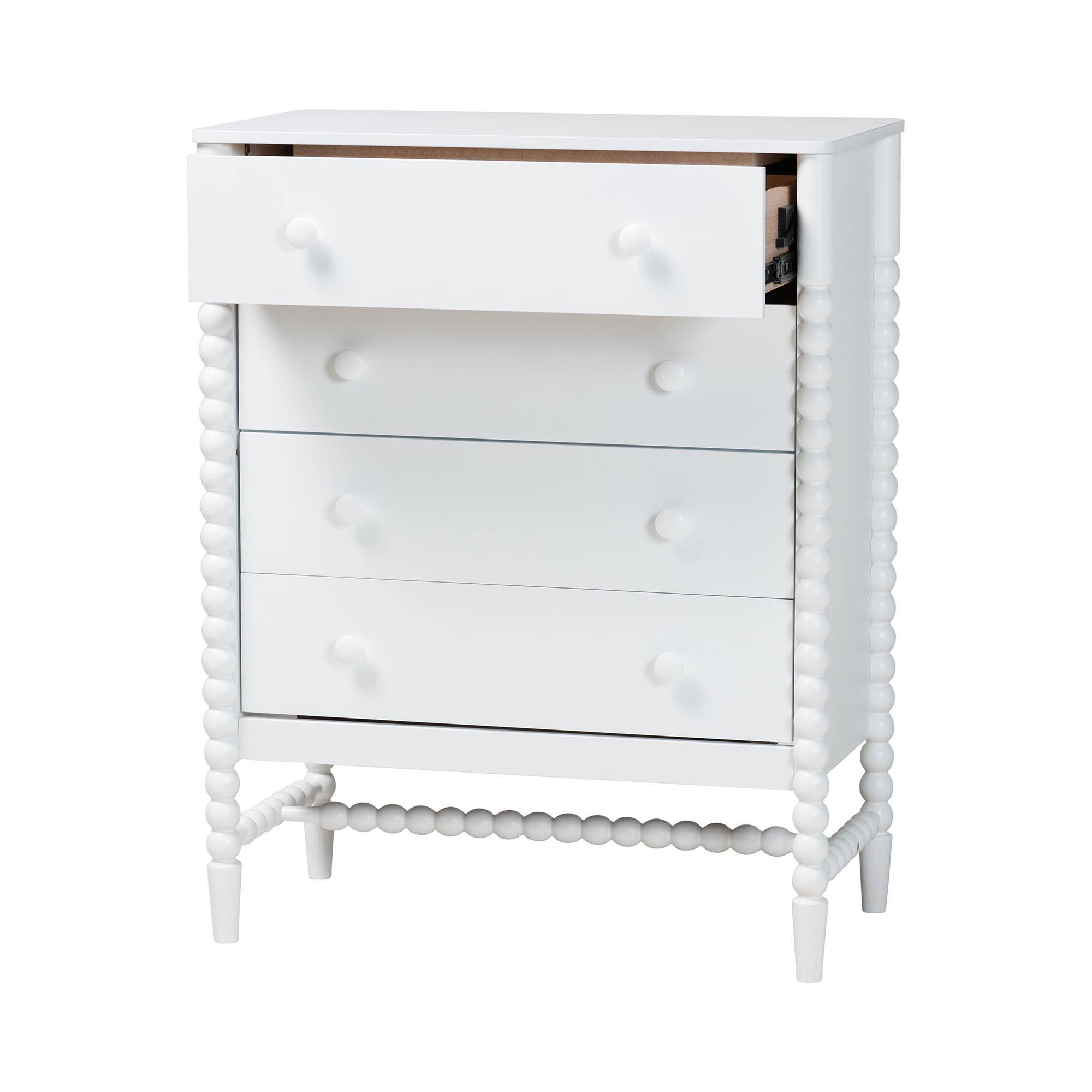 Left. Baxton Studio - Brantley Spindle Chest - 4-Drawer Vertical Storage Cabinet with Beaded Frame and Elevated Base for Bedroom - White.