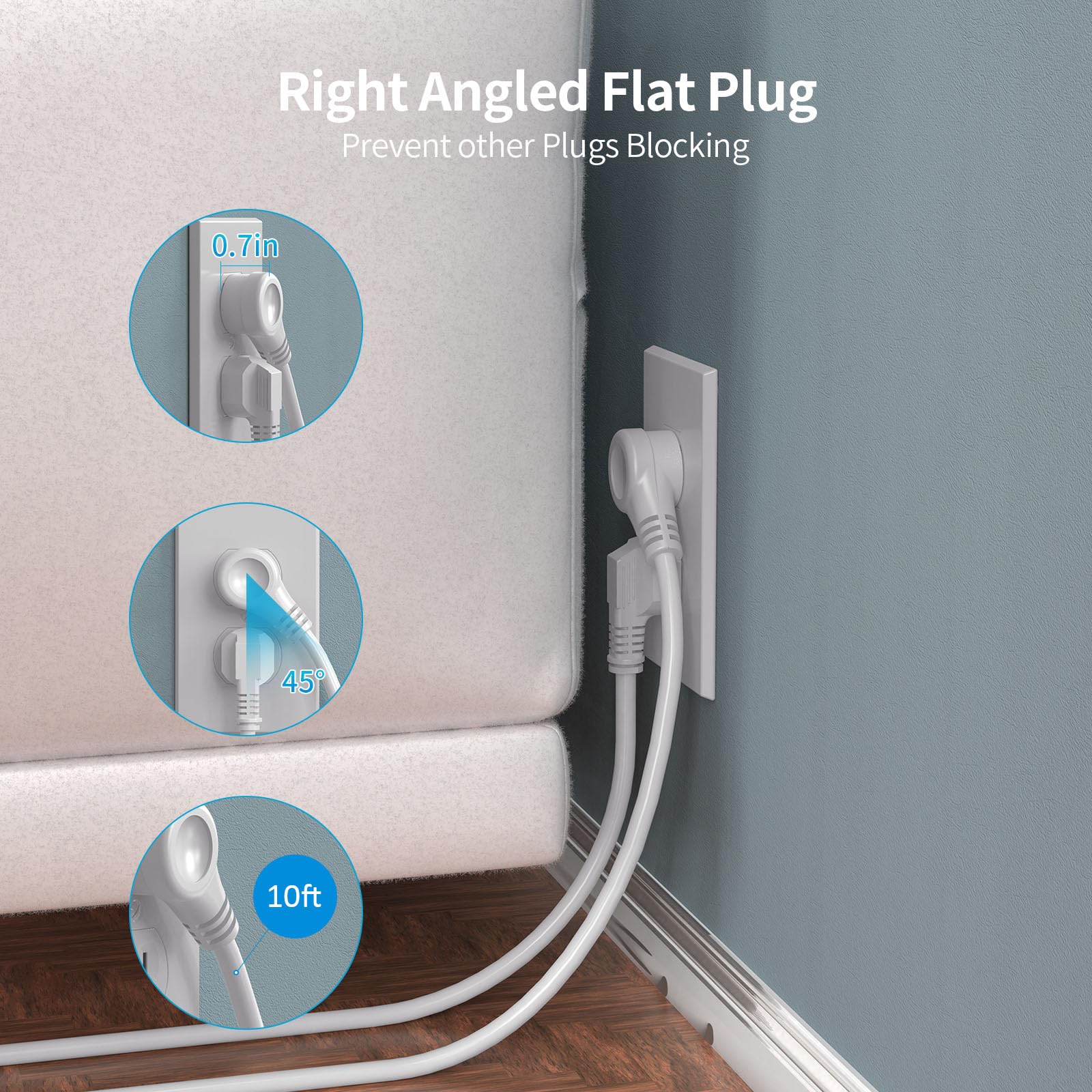 Right Angled Flat Plug  
Prevent other Plugs Blocking  

0.7in  
45°  
10ft