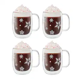 ZWILLING - Sorrento Double Wall Glass Snowflake Coffee Mugs, Set of 4, 12oz. Each - Clear