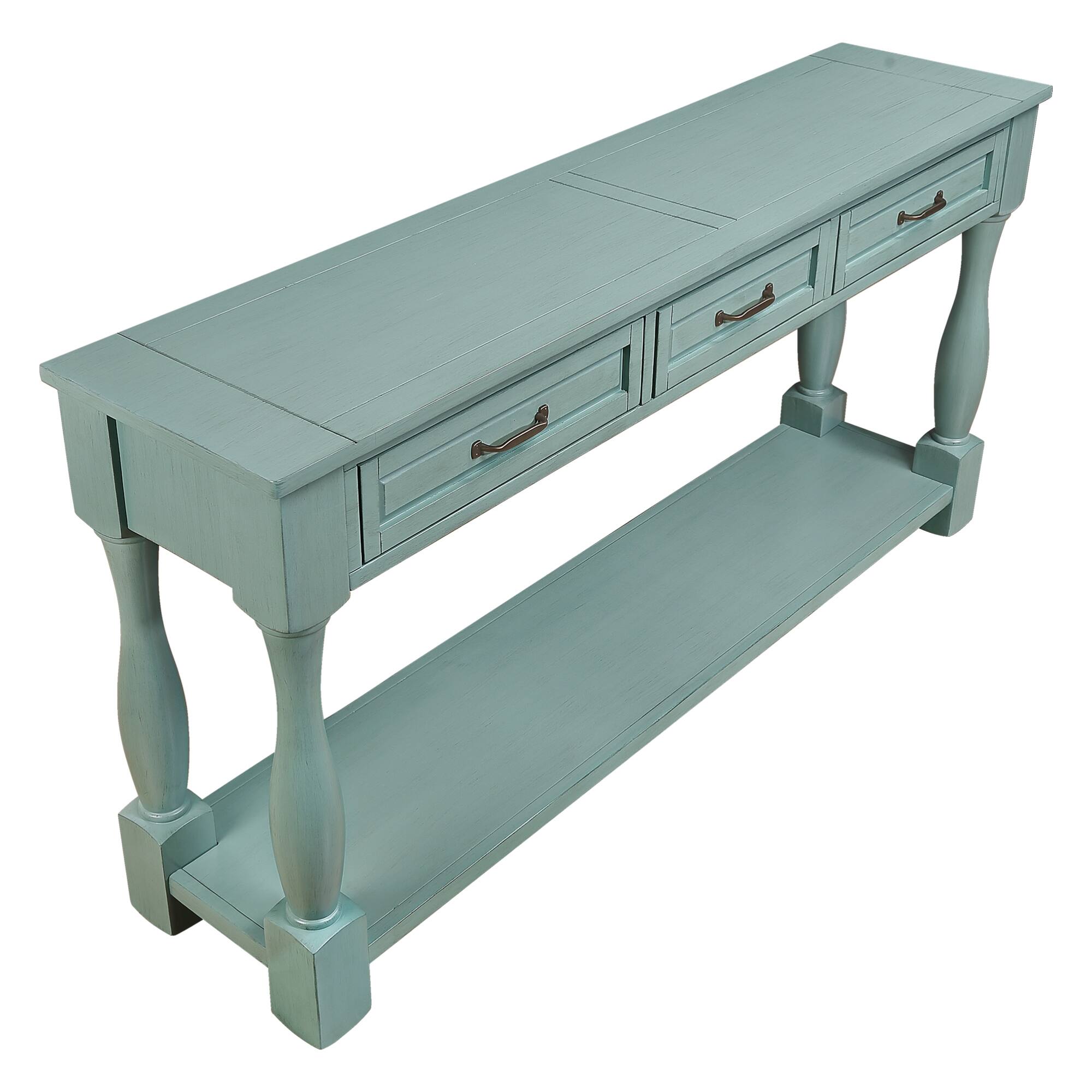 Alt View 5. GOODSILO - Extra-Long Wooden Console Table with Three Drawers and Bottom Shelf for Entryway or Hallway Use - Retro Blue.