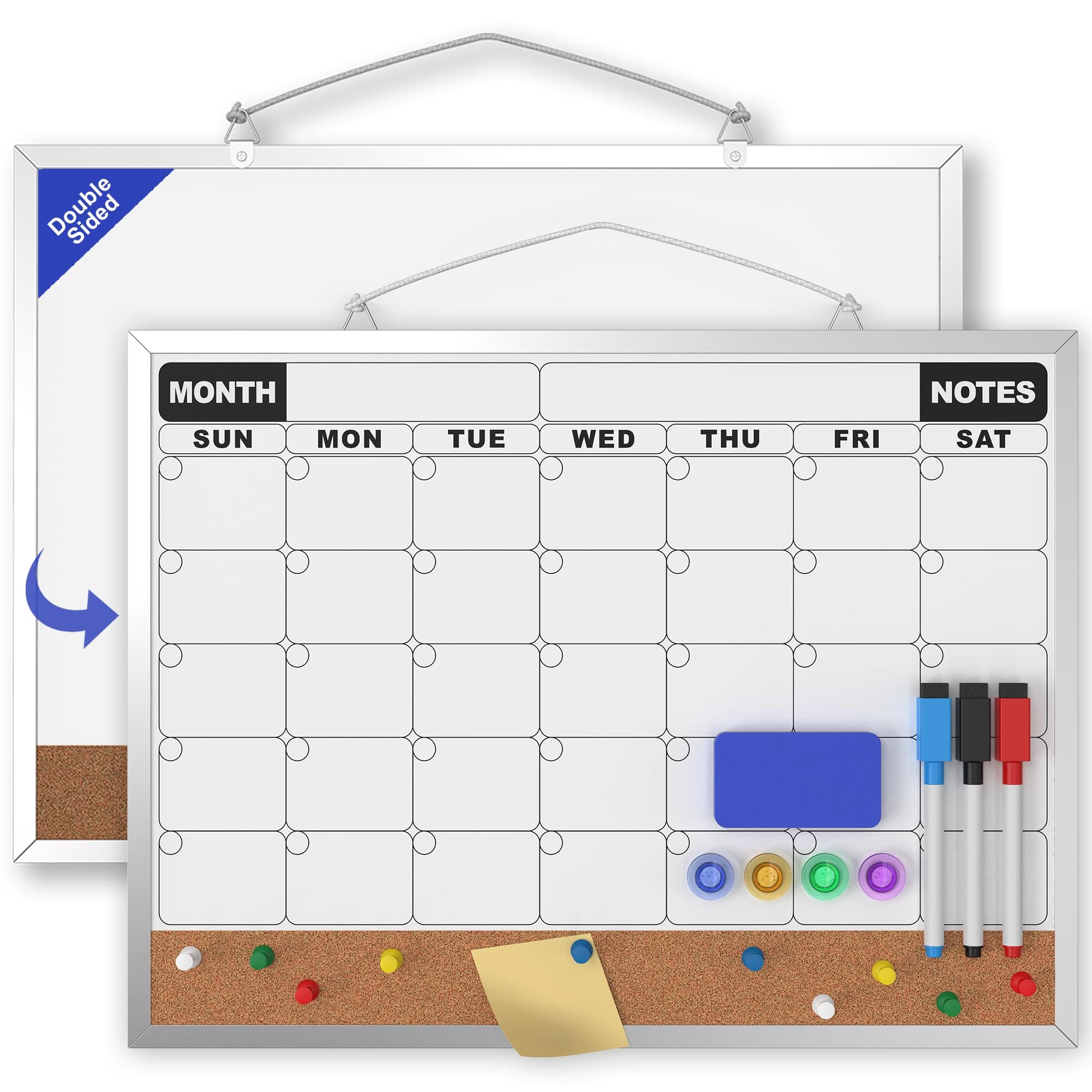 PARKER SLATER - Monthly Calendar Dry Erase Board 16x12 Inch Double-sided Whiteboard And Corkboard Combo Wall Mounted Planner Organizer