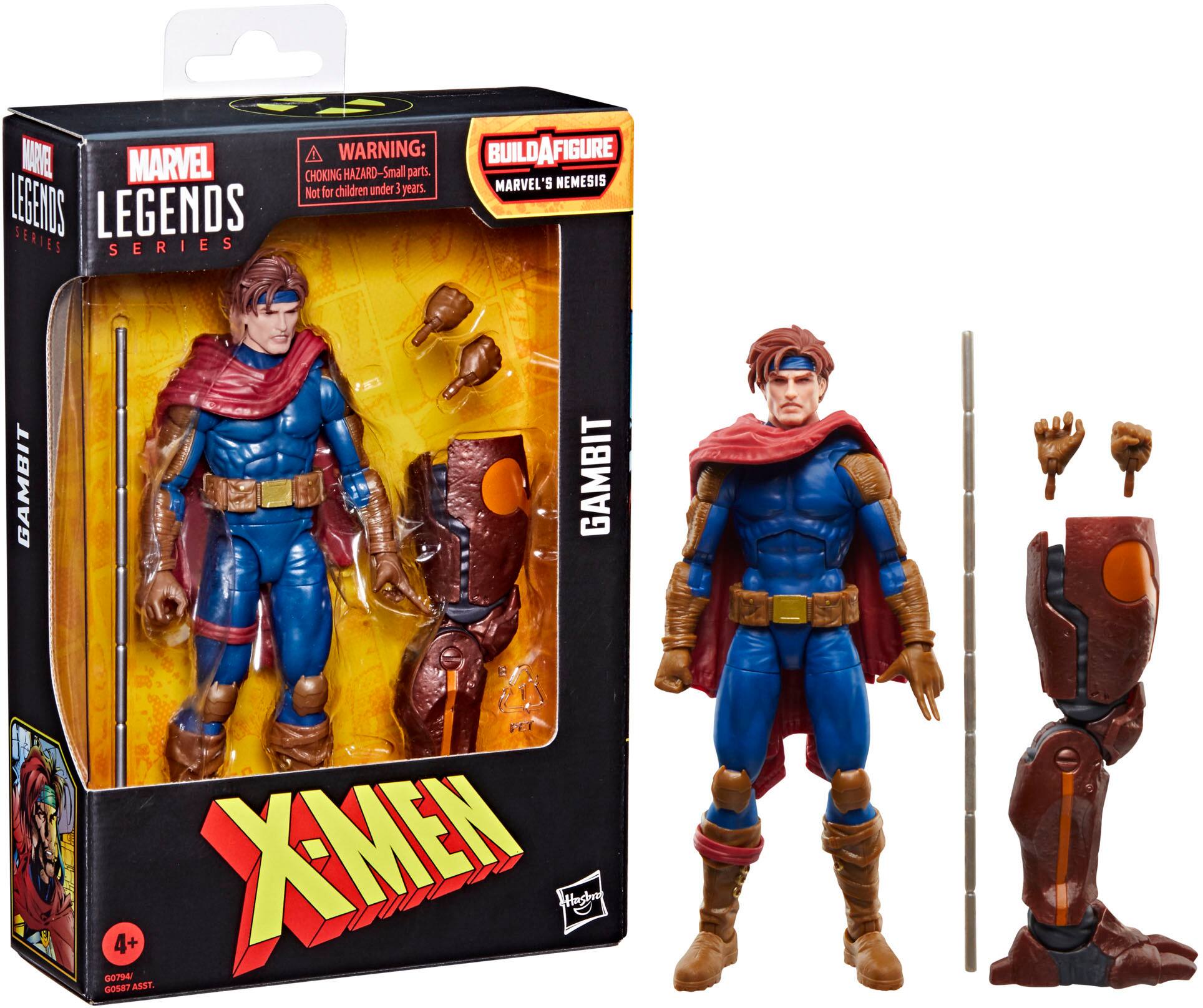 The image features a Marvel Legends action figure of Gambit, a character from the X-Men comic series. The figure is posed in a dynamic stance, with one arm extended and the other bent at the elbow. The figure is displayed in a box, which includes a warning about small parts and a choking hazard. The box also indicates that the figure is not suitable for children under the age of 3. The figure is part of the Marvel Legends series, which showcases various characters from the Marvel universe.