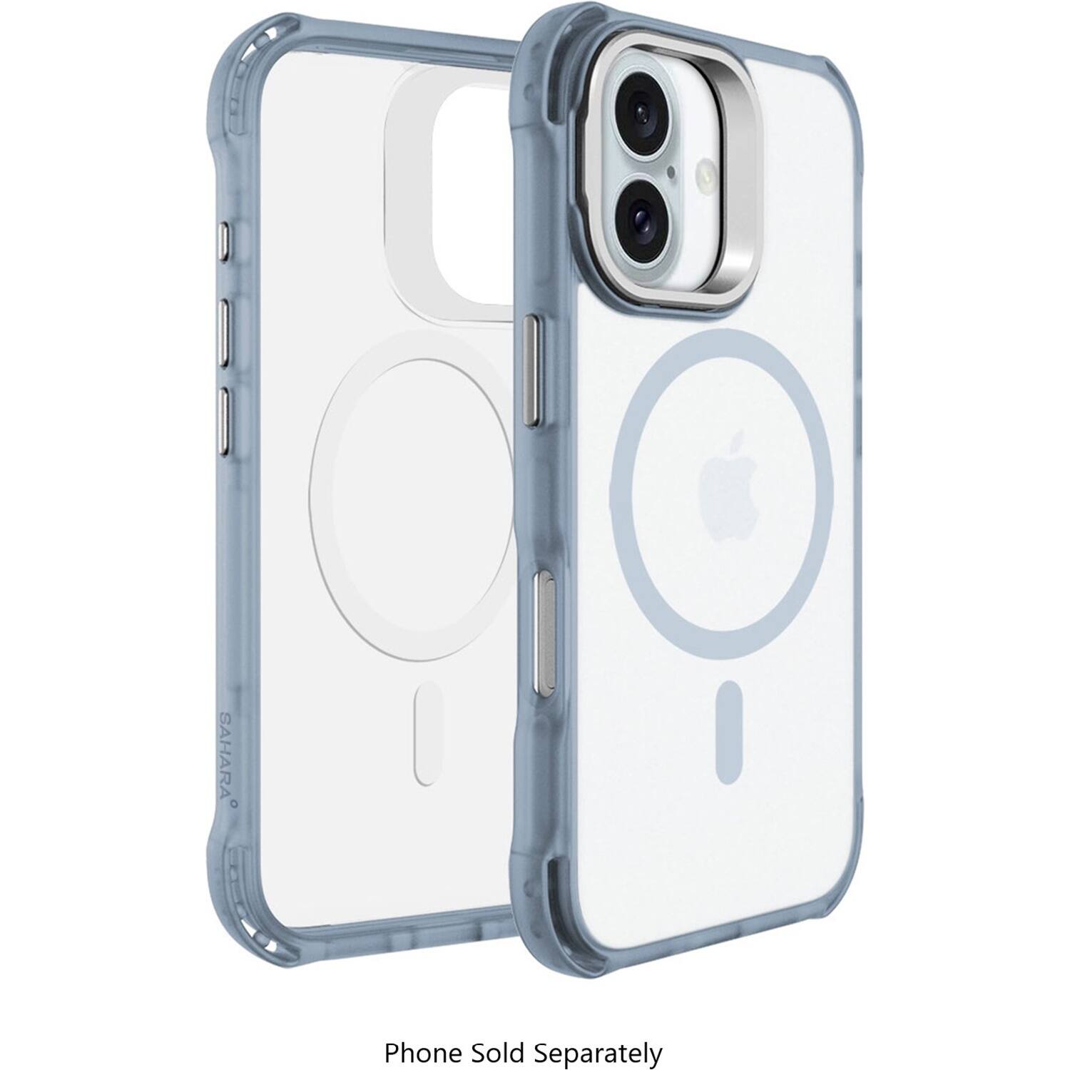 The image shows a white iPhone with a blue case on it. The case is designed to protect the phone and is sold separately. The phone is displayed in a close-up view, showcasing its design and features. The case is made of a durable material that can withstand daily wear and tear, ensuring the phone remains safe and secure.