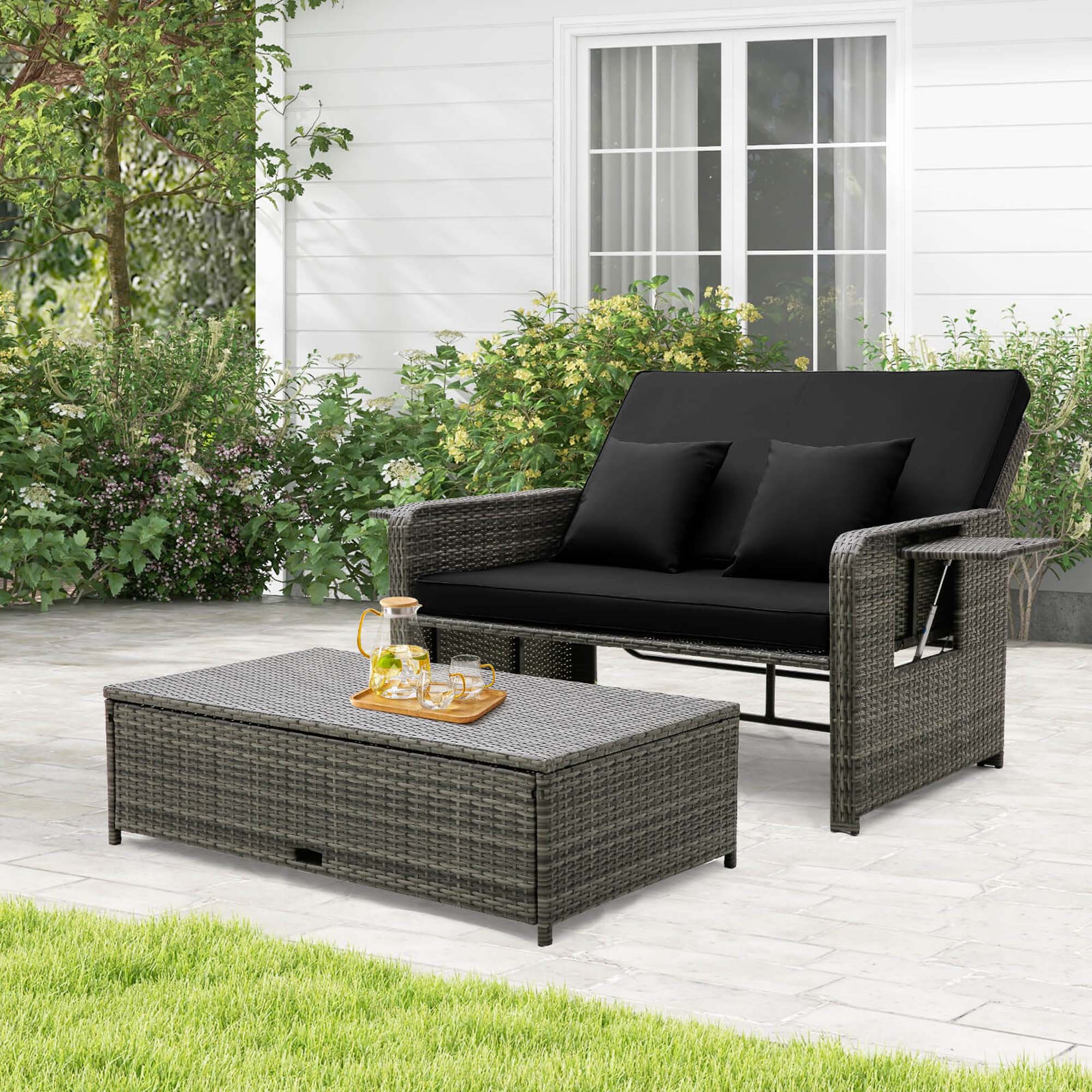 Alt View 1. Costway - Wicker Loveseat Sofa Set Patio Rattan Daybed with Ottoman & Retractable Side Tray - Black + Mix Gray.