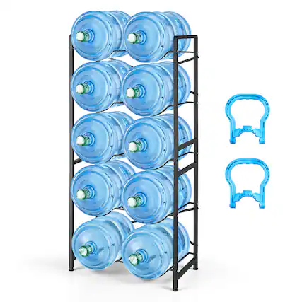 Front. VEVOR - Water Jug Holder, 5 Tiers Double Rows 3 and 5 Gallon Water Bottle Holder for 10 Bottles, Heavy Duty Jug Rack Organizer - Black.