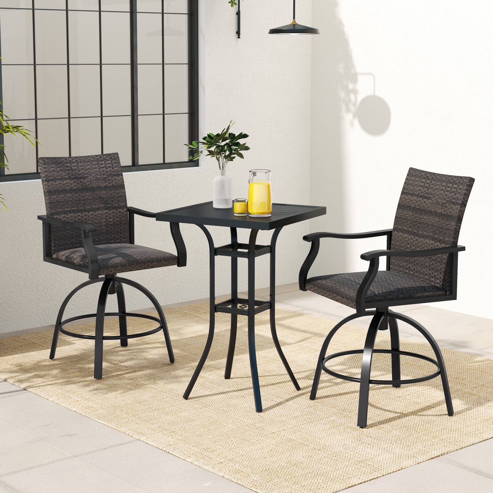Alt View 1. Gymax - Gymax 3 PCS PE Wicker Patio Swivel Bar Set Table & Chairs w/ Quick-Drying Foam - Mixed Black.