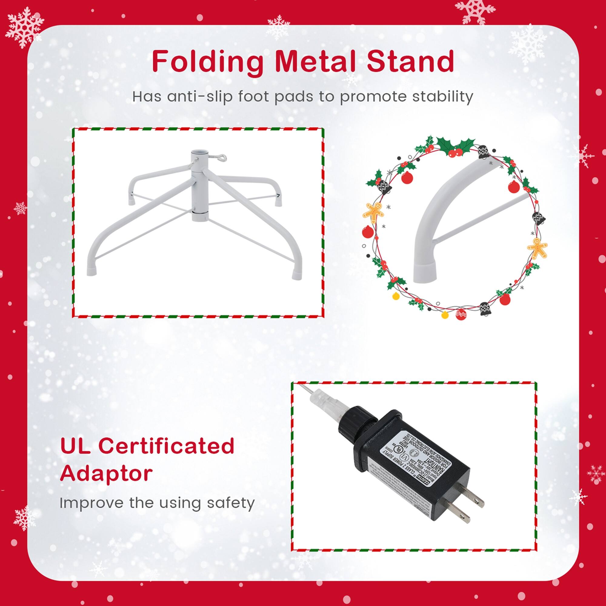 Folding Metal Stand:

* Has anti-slip foot pads to promote stability
* UL Certificated Adaptor
* Improve the using safety

The text is grouped and corrected, and it is now clear and concise.