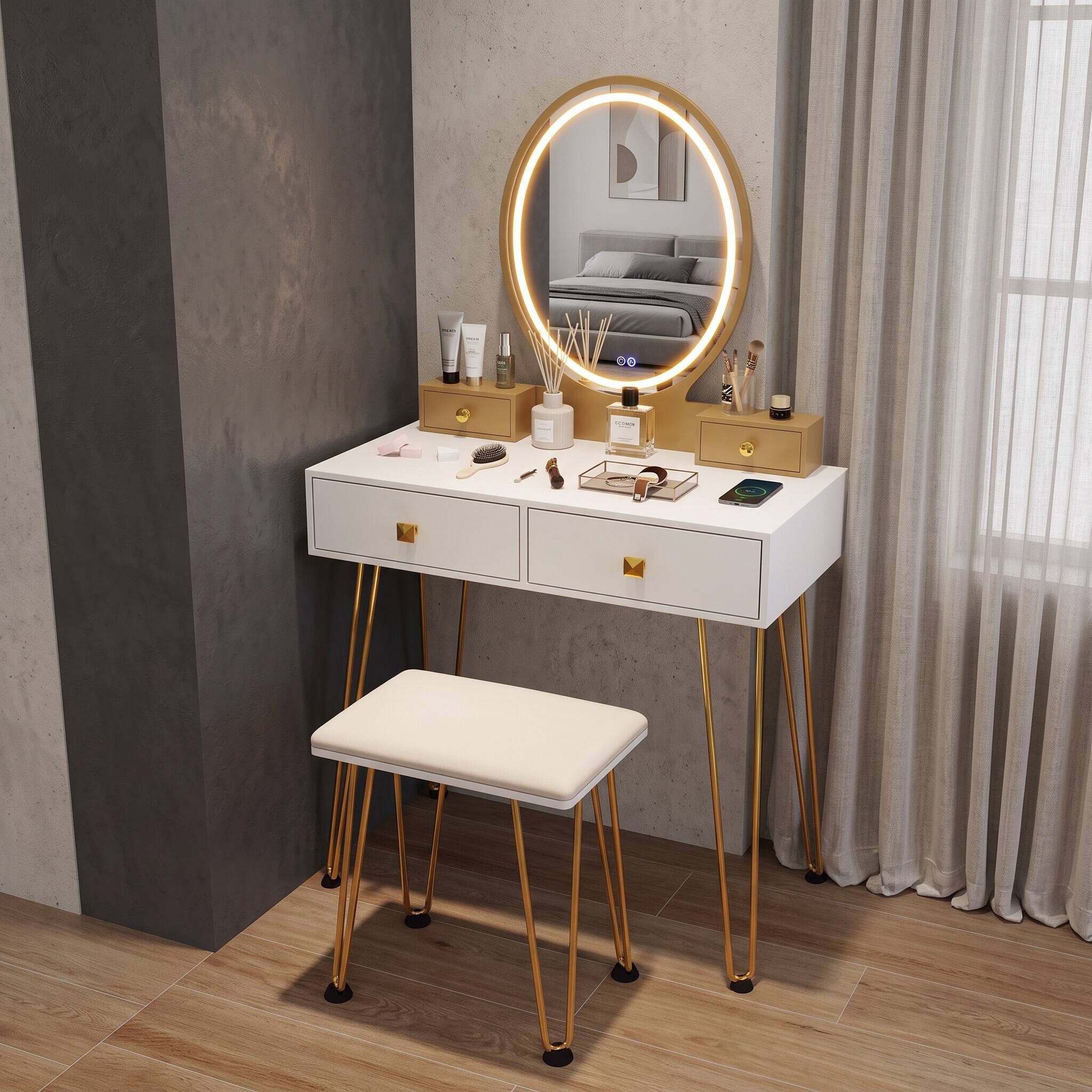 Angle. WELLFOR - Makeup Vanity Desk with Oval 3‑Color Lighted Mirror,Charging Station, 4 Drawers and Velvet Padded Stool for Bedroom - White.