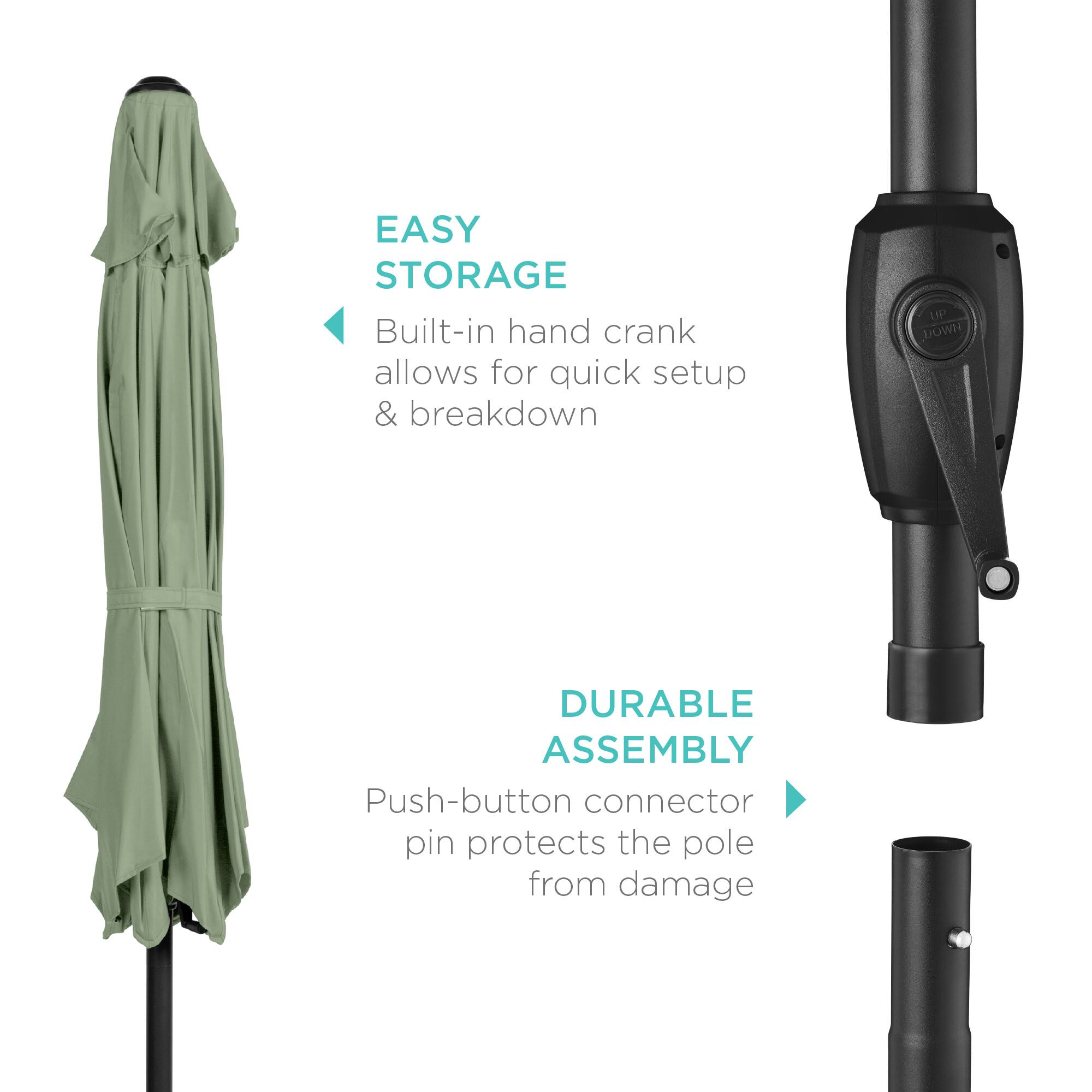EASY STORAGE: Built-in hand crank allows for quick setup & breakdown.  
DURABLE ASSEMBLY: Push-button connector pin protects the pole from damage.