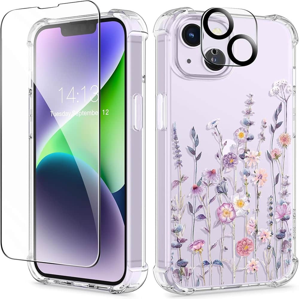 ACJPR - iPhone 14 Clear Floral Case with Screen & Camera Protectors, Colorful - Color: AA-Floratopia/Colorful Size: For iPhone 14