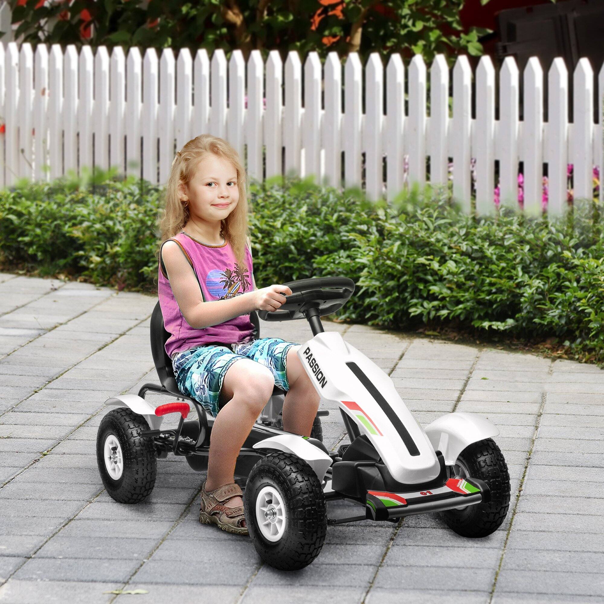 Angle. Aosom - Kids Pedal Go Kart, Outdoor, Adjustable Seat, Sharp Handling, Handbrake, 4 Non-Slip Rubber Wheels, Ages 5-12.
