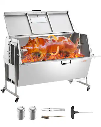 Front. VEVOR - 60W Rotisserie Grill with Hooded Cover, 56 Inch Pig Lamb Goat Rotisserie Grill Roaster, 286Lbs Capacity - Silver.