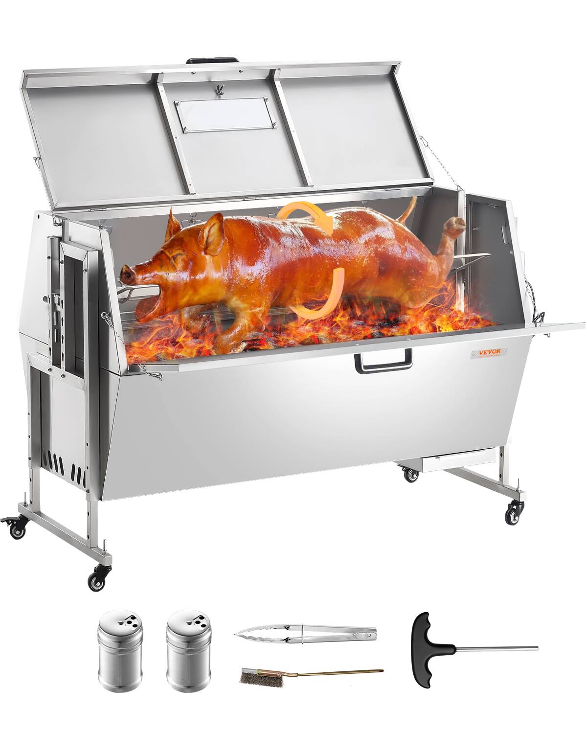 VEVOR - 60W Rotisserie Grill with Hooded Cover, 56 Inch Pig Lamb Goat Rotisserie Grill Roaster, 286Lbs Capacity - Silver
