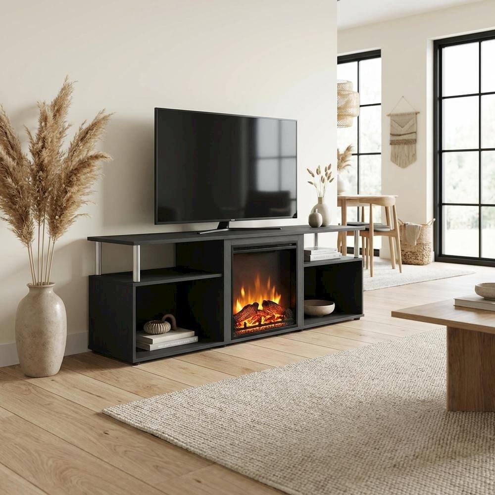 Alt View 2. FurniFact - Brown electric fireplace corner TV stand, up to 70-inch screen, rubberwood - Brown.