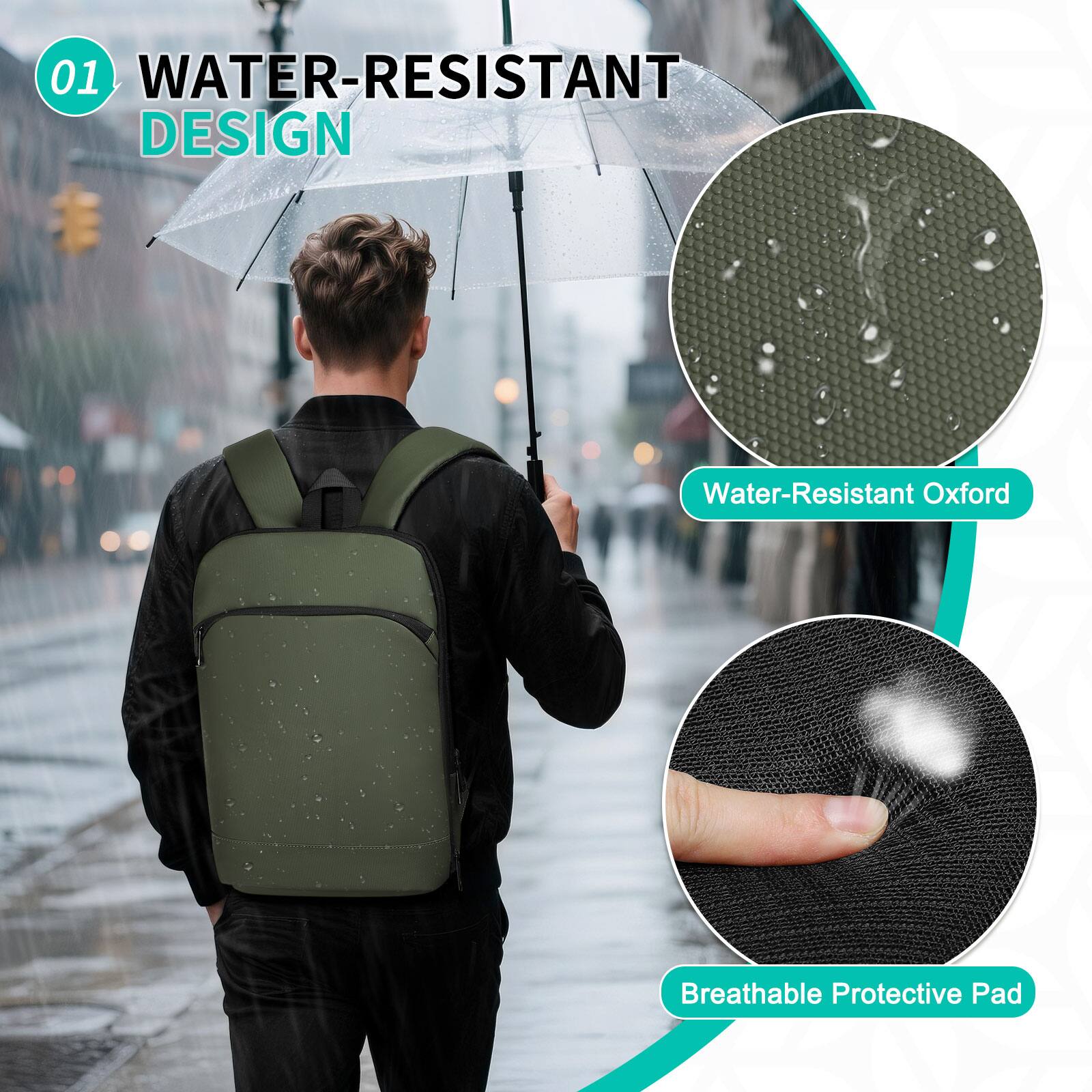 01 WATER-RESISTANT DESIGN  
Water-Resistant Oxford  
Breathable Protective Pad