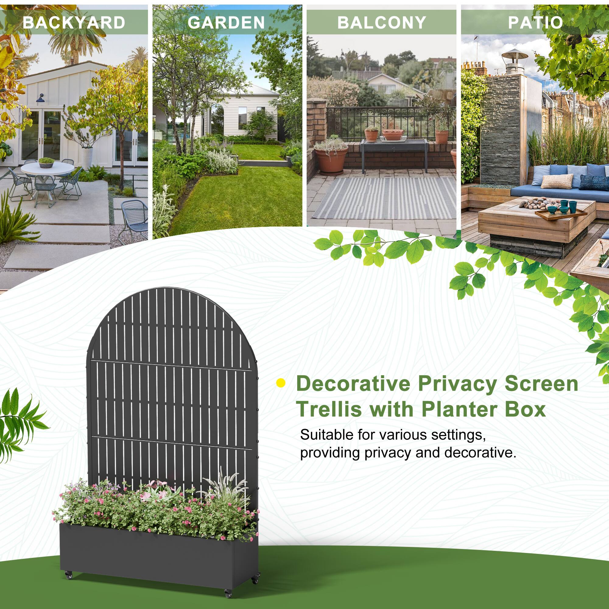 BACKYARD  
GARDEN  
BALCONY  
PATIO  

Decorative Privacy Screen Trellis with Planter Box  
Suitable for various settings, providing privacy and decorative.