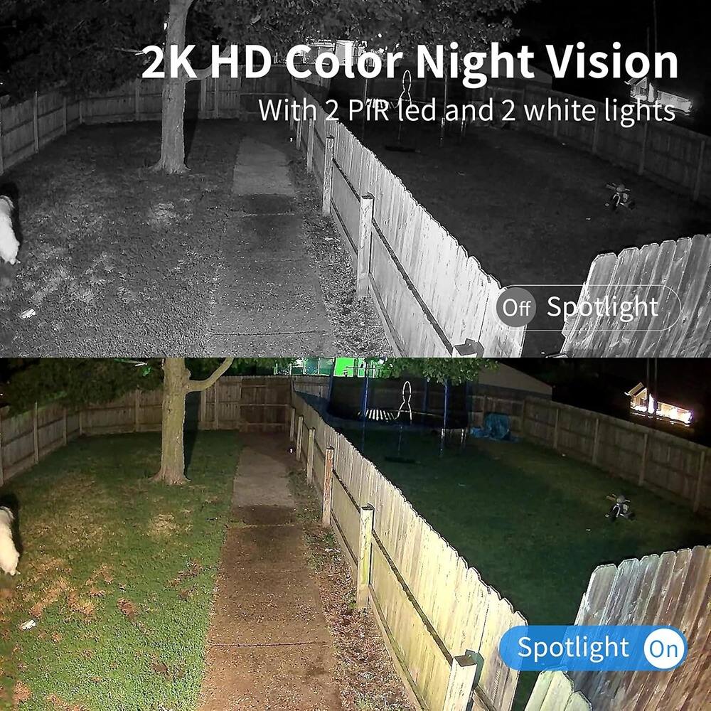2K HD Color Night Vision  
With 2 PIR led and 2 white lights  

Off Spotlight  

Spotlight On