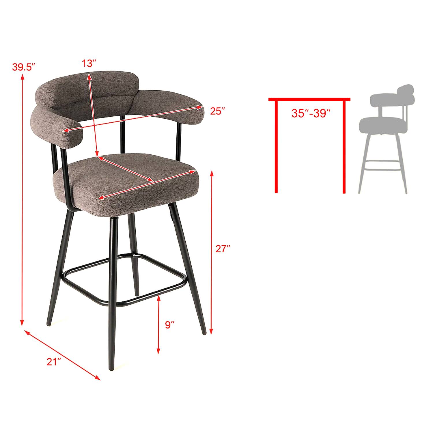 39.5"  
13"  
25"  
35"-39"  
27"  
9"  
21"