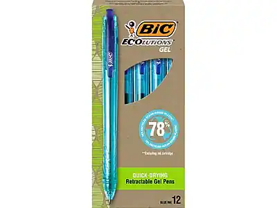 BIC ECOLUTIONS GEL
QUICK-DRYING Retractable Gel Pens
12 BLUE INK
78% LESS PLASTIC
"Excluding ink cartridge"