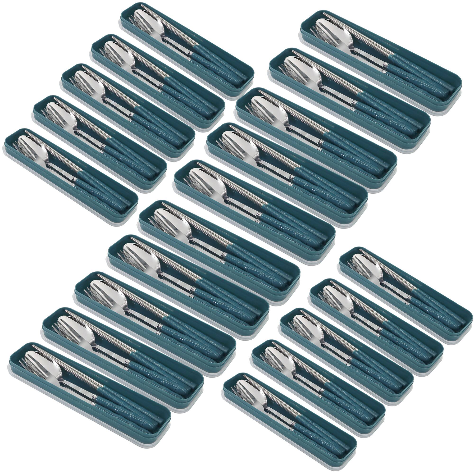 Front. all - 20x Eco-Friendly Stainless Steel Cutlery Set – Spoon, Fork & Chopsticks in Convenient Case for Students and Travel.