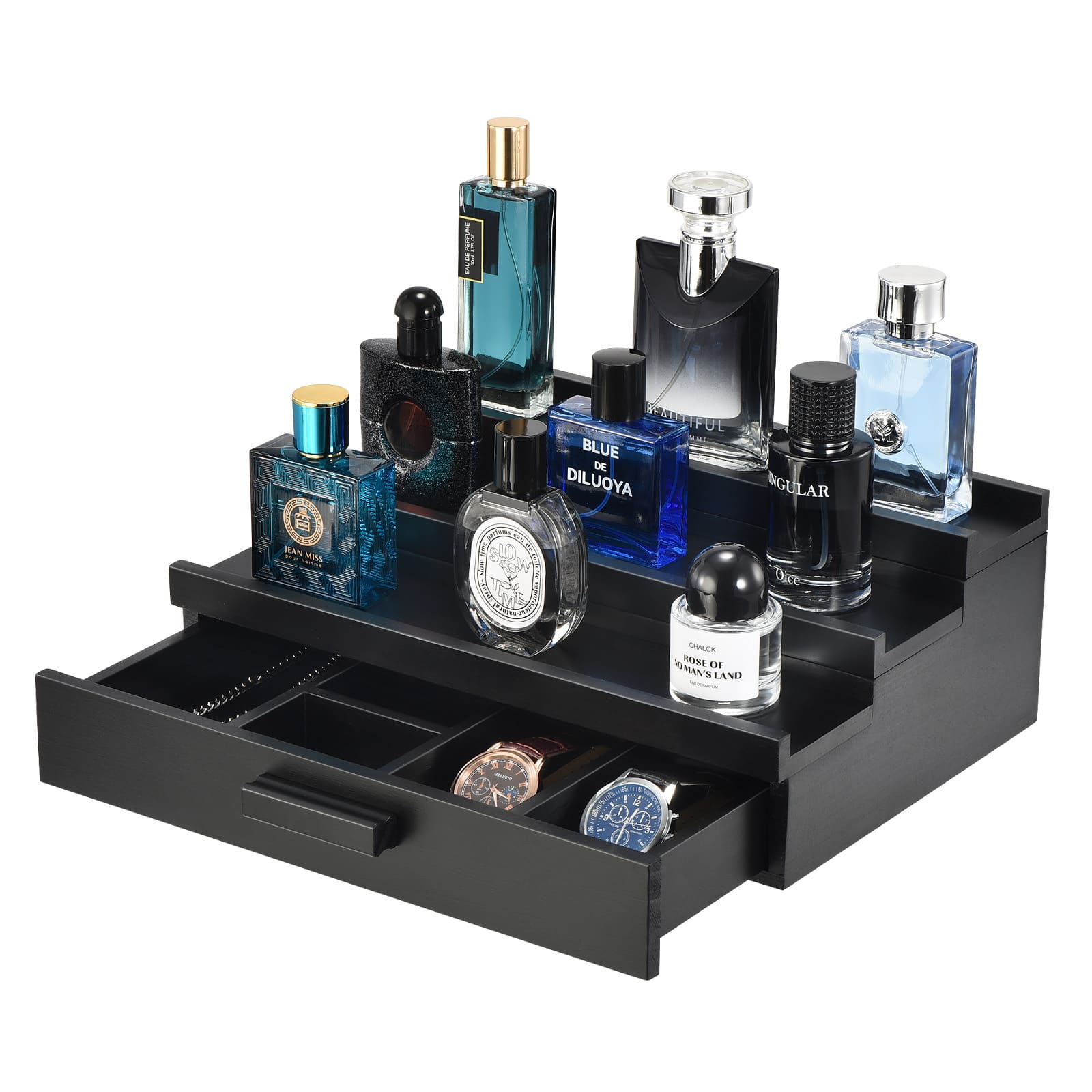 Unique Bargains - 3 Tier Wood Perfume Organizer for Men, Display Stand with Velvet Lining Drawer and Hidden Compartment for Watch, Jewelry - Black