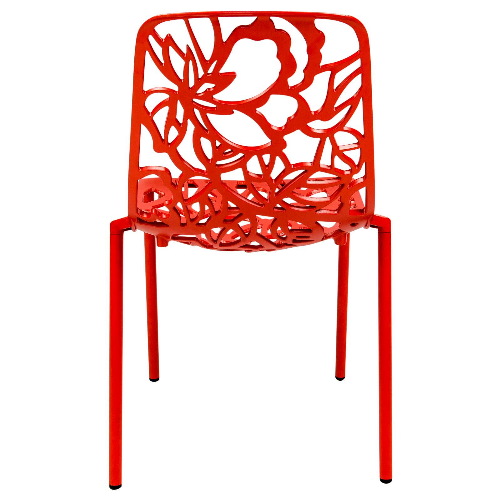 Alt View 4. LeisureMod - Devon (Set of 4) Modern Floral Stackable Aluminum Chair - Weather Resistant Indoor/Outdoor Dining Chair - Red.