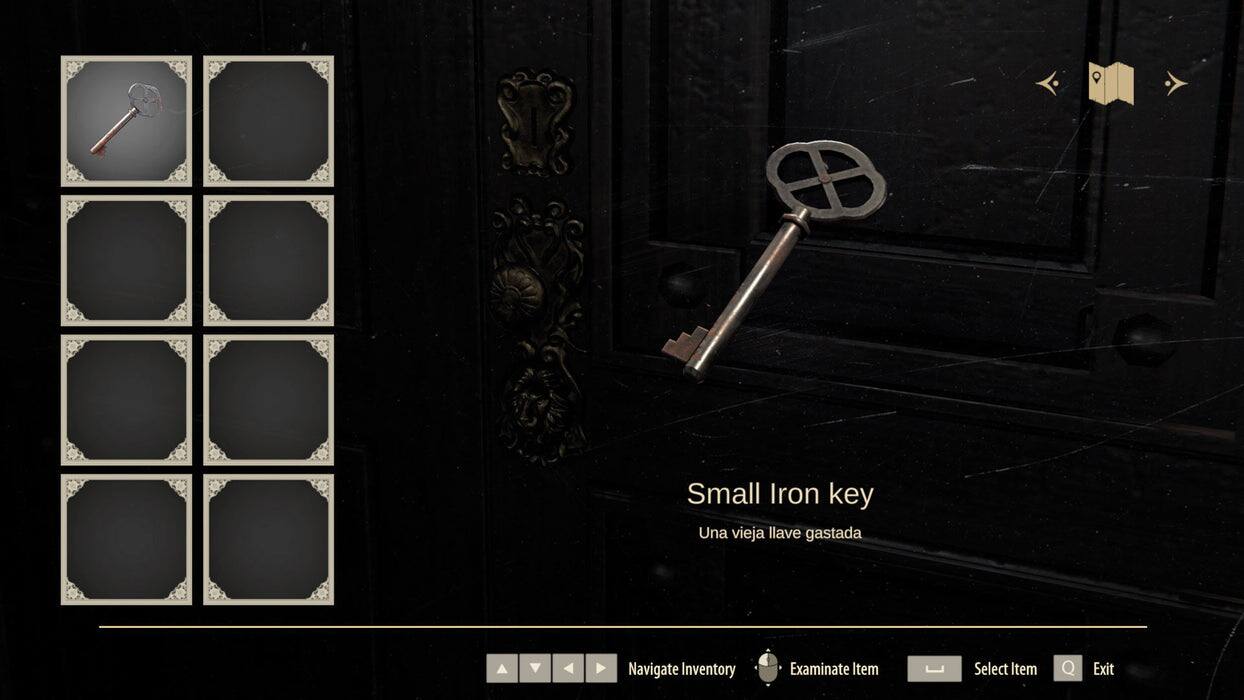 Small Iron key  
Una vieja llave gastada  

Navigate Inventory  
Examine Item  
Select Item  
Exit