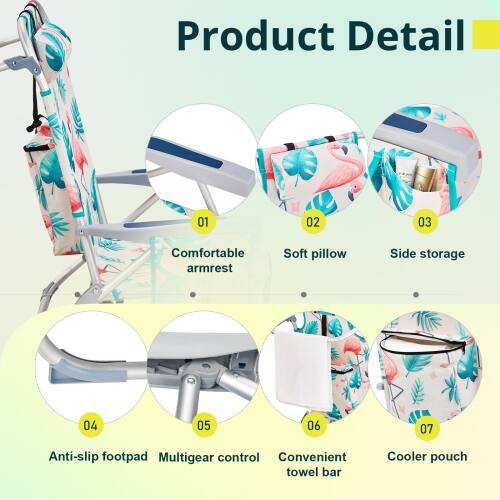 Product Detail

01 Comfortable armrest  
02 Soft pillow  
03 Side storage  
04 Anti-slip footpad  
05 Multigear control  
06 Convenient towel bar  
07 Cooler pouch