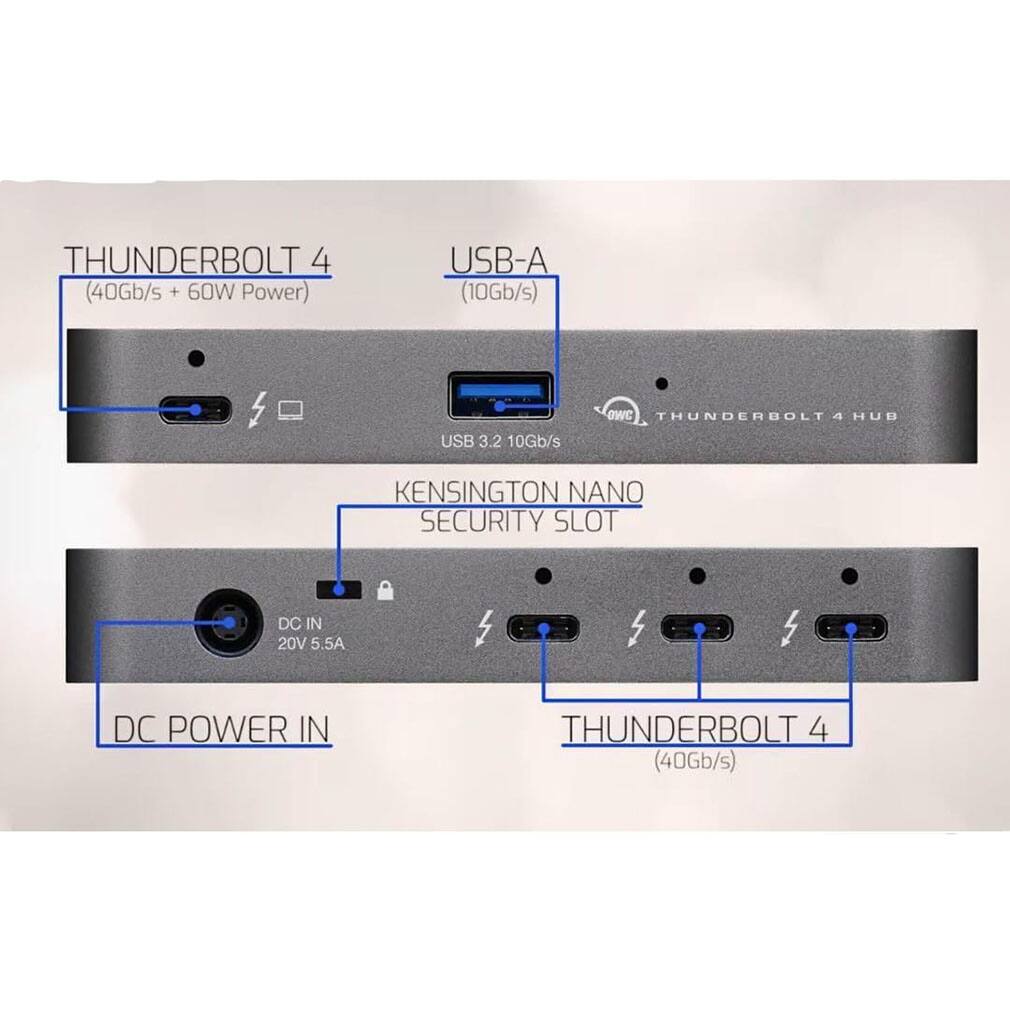 THUNDERBOLT 4 (40Gb/s + 60W Power)  
USB-A (10Gb/s)  
1 USB 3.2 10Gb/s  
KENSINGTON NANO SECURITY SLOT  
DC IN 20V 5.5A DC POWER IN  
THUNDERBOLT 4 (40Gb/s)