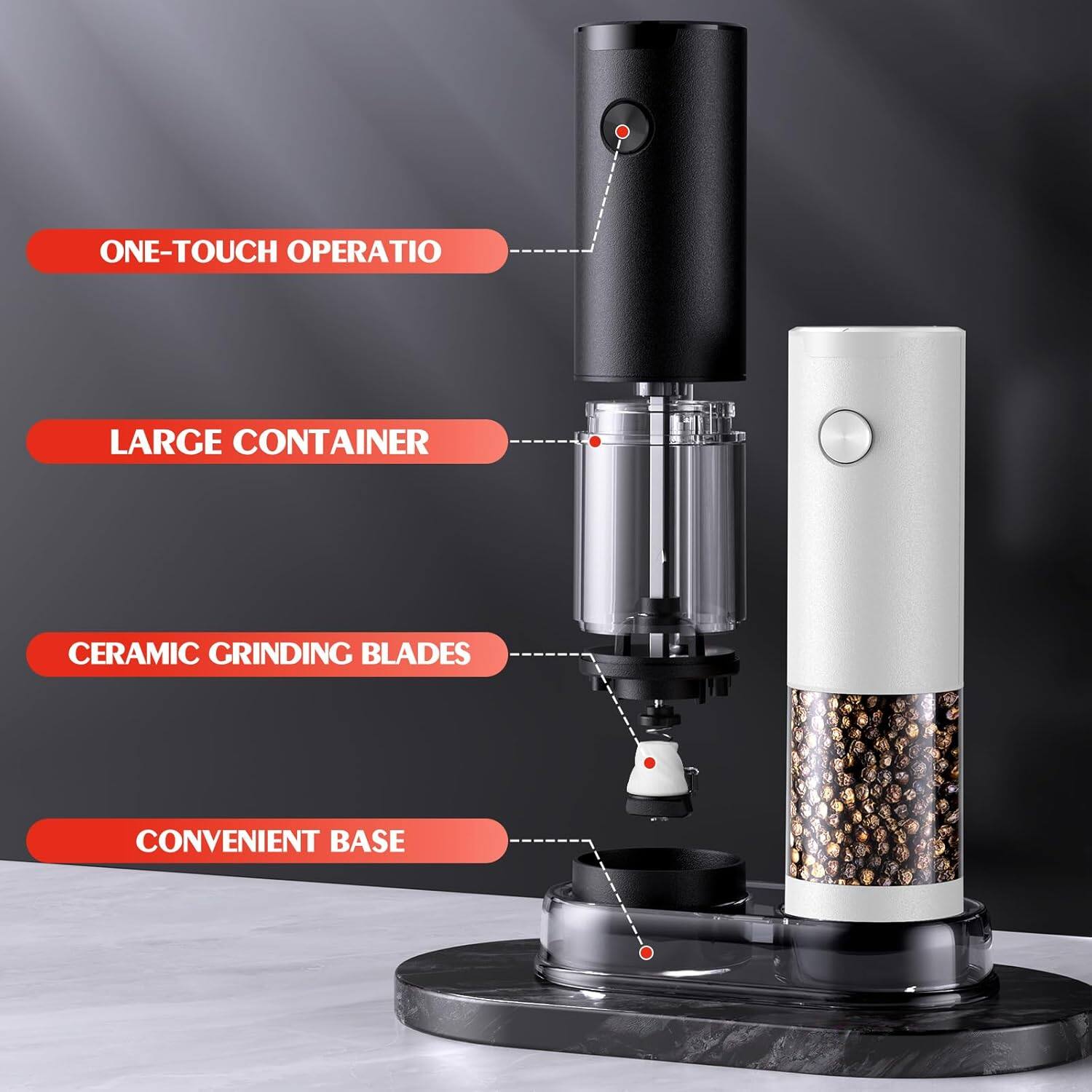ONE-TOUCH OPERATION  
LARGE CONTAINER  
CERAMIC GRINDING BLADES  
CONVENIENT BASE