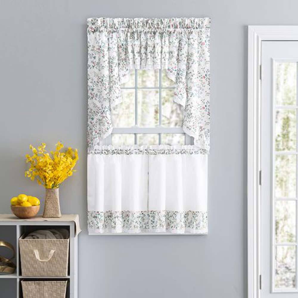 Angle. Ellis Curtain - Ellis Country Floral Small Scale 1.5" Rod Pocket Floral Pattern with Ruffle Lace Edge Tier 58"x24" Multicolor - Multicolor.