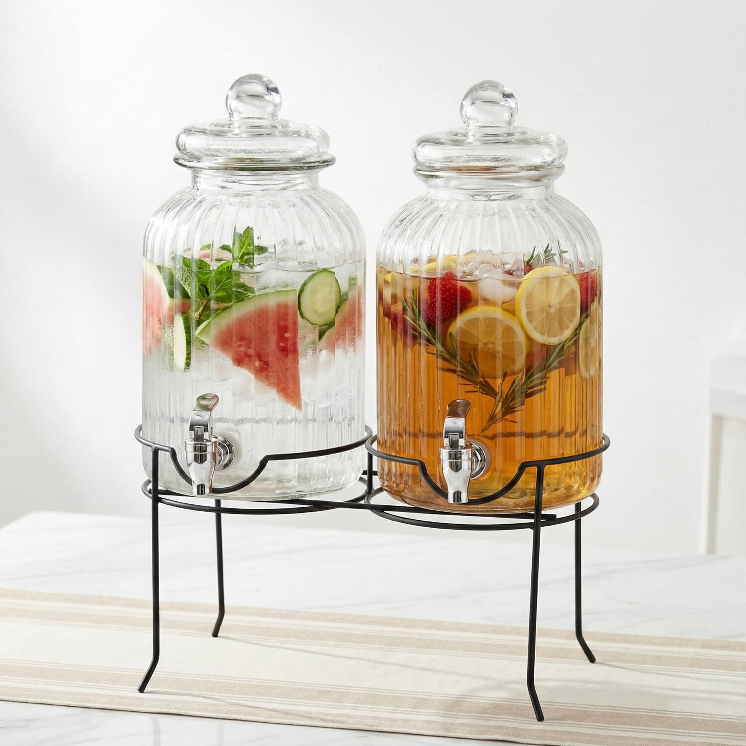 Angle. Style Setter - Canyon Beverage Dispenser Set of 2 With Black Metal Stand 1.3 Gal Each - Clear.