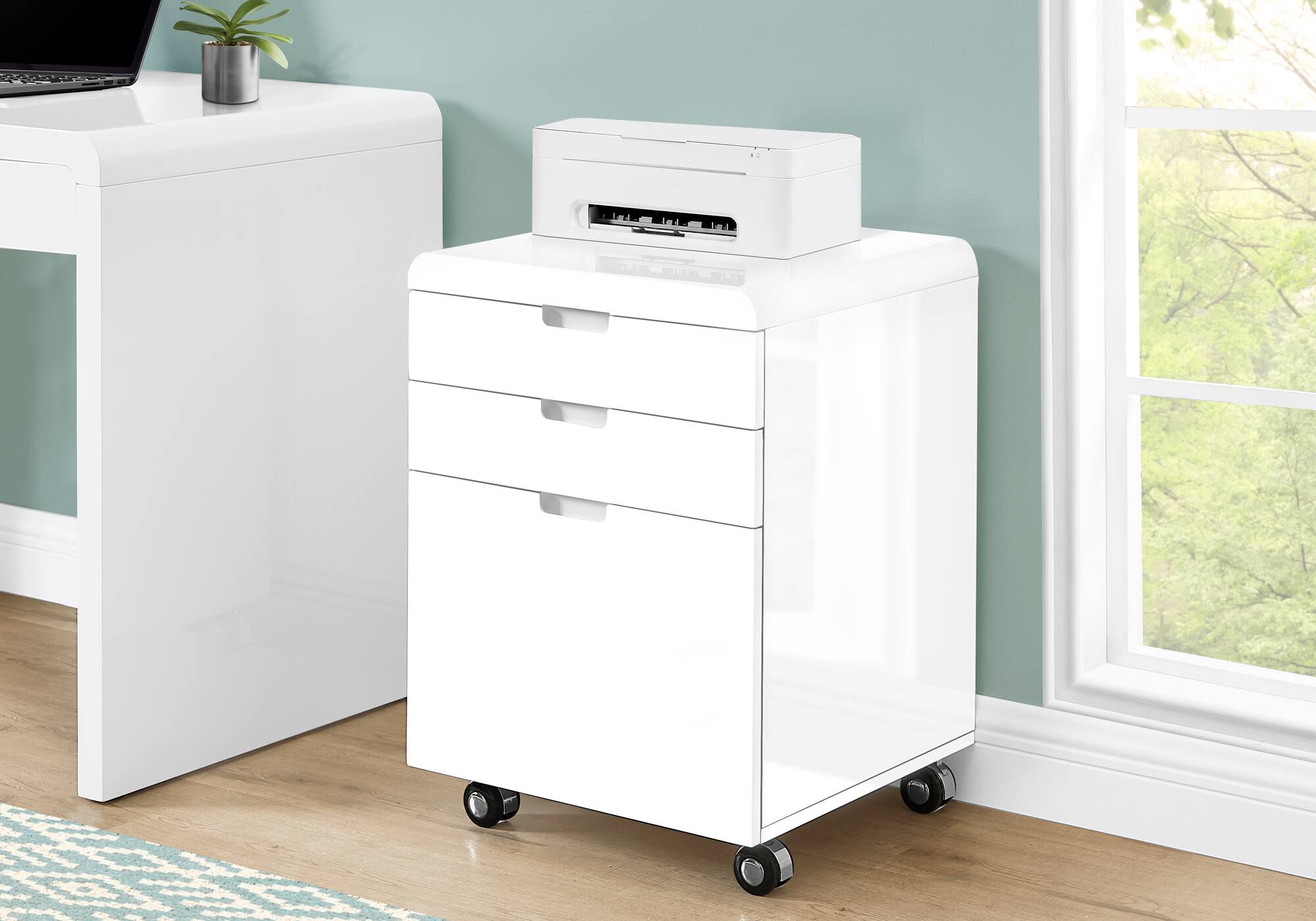 Front. TinyHomie - File Cabinet Rolling Mobile Storage Drawers Printer Stand Office Work Glossy White Laminate Contemporary Modern.